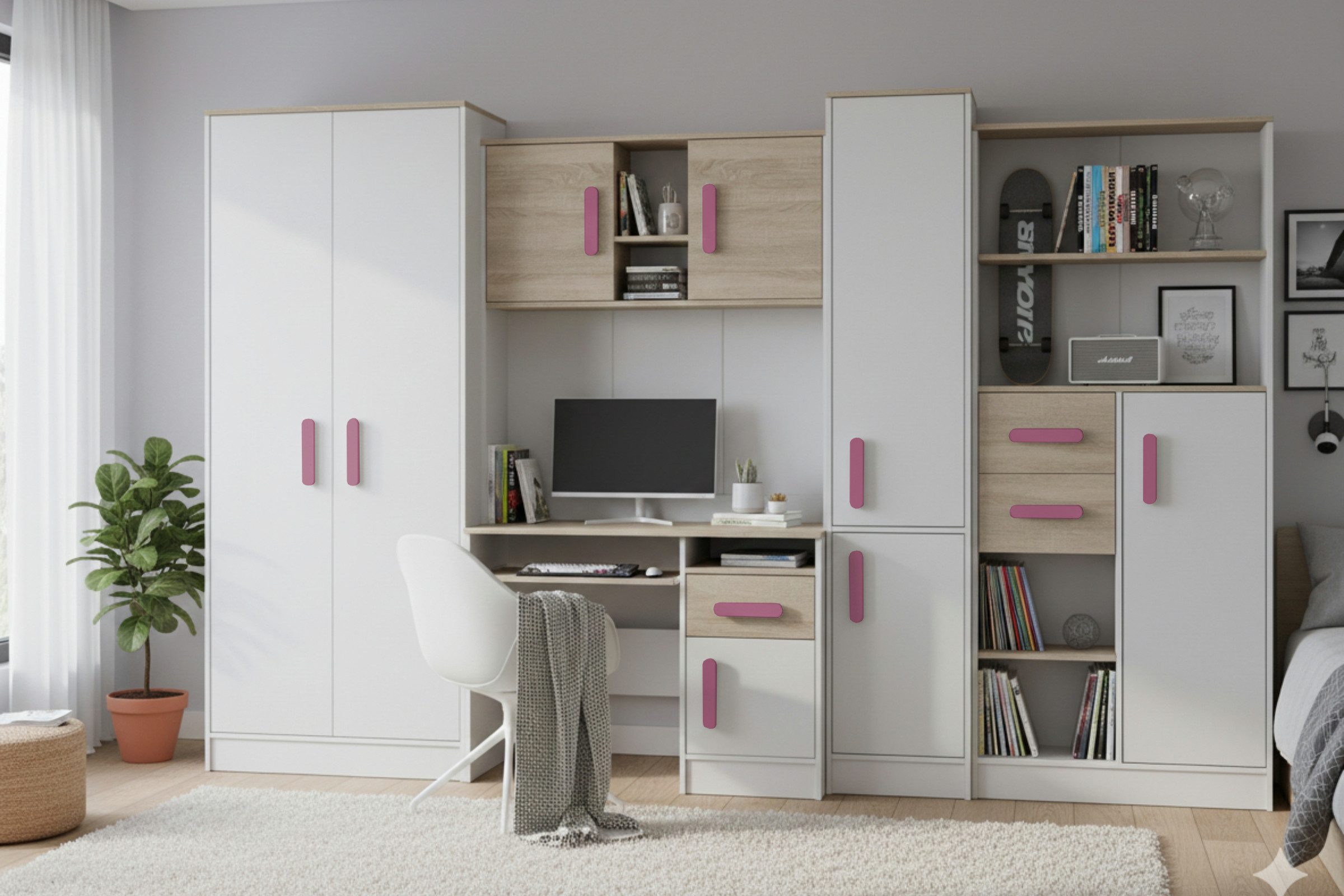 Deine Möbel 24 Jugendzimmer-Set MIKI Jugend-Schrankwand Jugendzimmer Jugendmöbel 5-teilig in Weiß, (Set, 5-tlg., 5-teiliges Möbelset für das Jugendzimmer), Schreibtisch, Schreibtisch Aufsatz, 2x Regal, Schrank