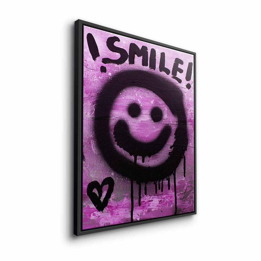 graffiti Leinwandbild premi smilie emoji Leinwandbild, mit DOTCOMCANVAS® smile lächle Rahmen lila schwarz goldener
