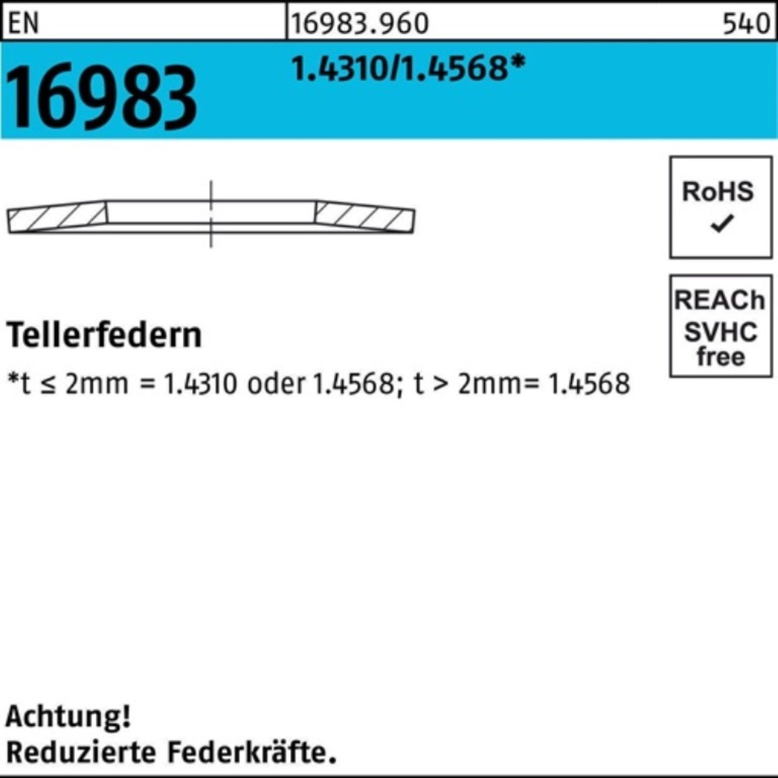 20x10,2x0,8 Stück E 16983 1.4310/1.4568 200 Reyher Pack Tellerfeder EN Tellerfeder 200er