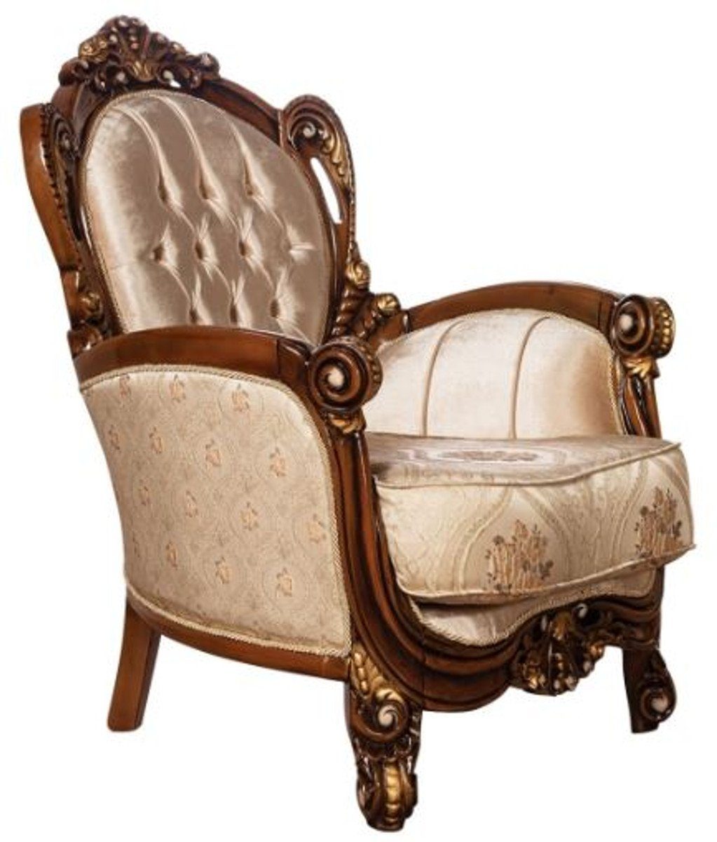 Casa Padrino Sessel Luxus Barock Wohnzimmer Sessel Beige / Braun / Gold - Prunkvoller Sessel mit elegantem Muster - Handgefertigte Barock Wohnzimmer Möbel