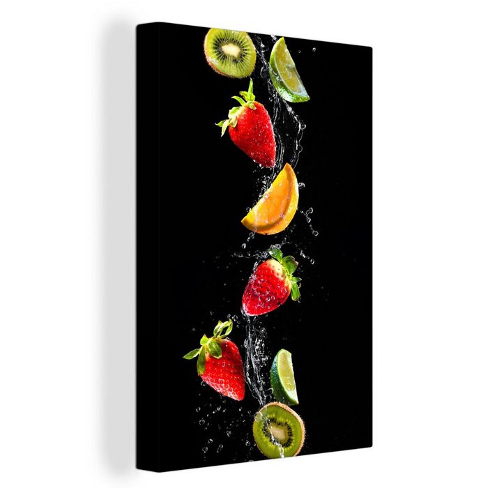 OneMillionCanvasses® Leinwandbild Obst - Wasser - Schwarz - Stillleben Erdbeere - Kiwi (1 St) Bild auf Leinwand Wandbild Leinwandbilder Wanddekoration Kunstdruck
