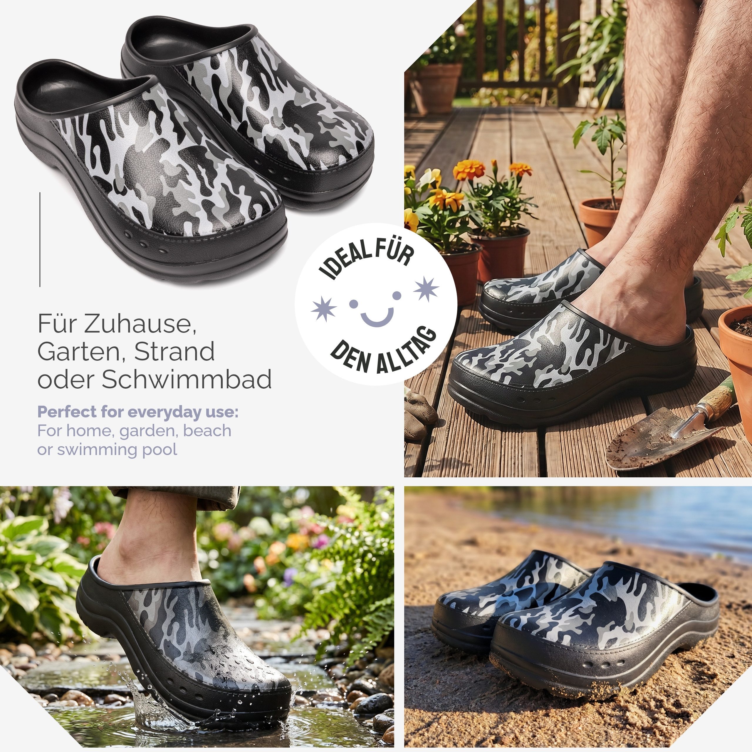 Ladeheid Gartenclogs für Herren Ultraleicht EVA Gartenschuhe LA-CA-26 Clog (40 EU, Schwarz/Weiß Tarnmuster) Wasserdicht & Flexibel – Bild 4 von 5