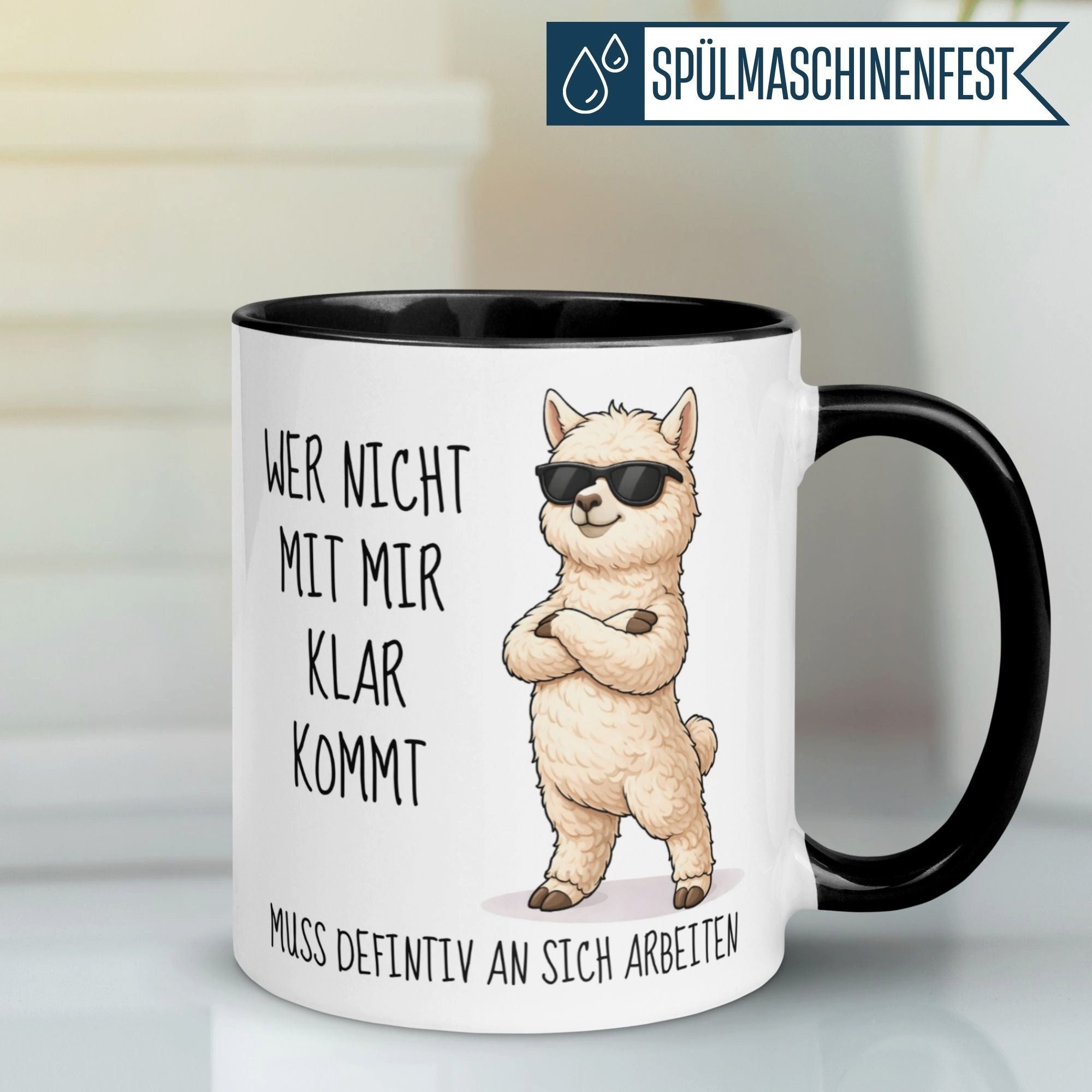 Momentals Tasse Alpaka – „Wer nicht mit mir klar kommt“ – lustiger Geschenk Becher, Gratis Versand · Links-&Rechtshänder · Spülmaschinenfest