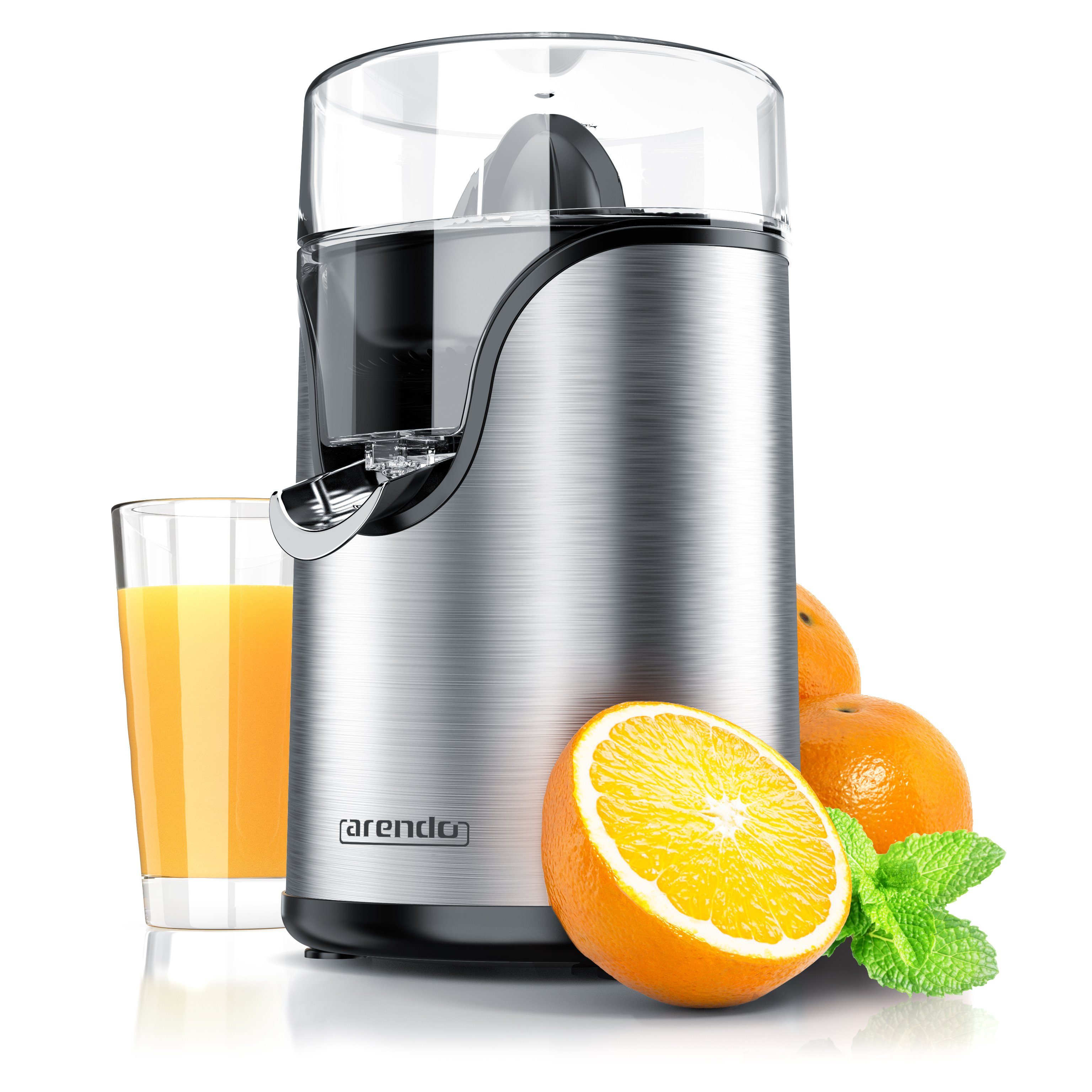 Arendo Zitruspresse Edelstahl Zitronenpresse, elektrisch, Siebeinsatz, Zitronen Presse, 100 W, Limetten & Orangenpresse, großer & kleiner Presskegelaufsatz, BPA frei