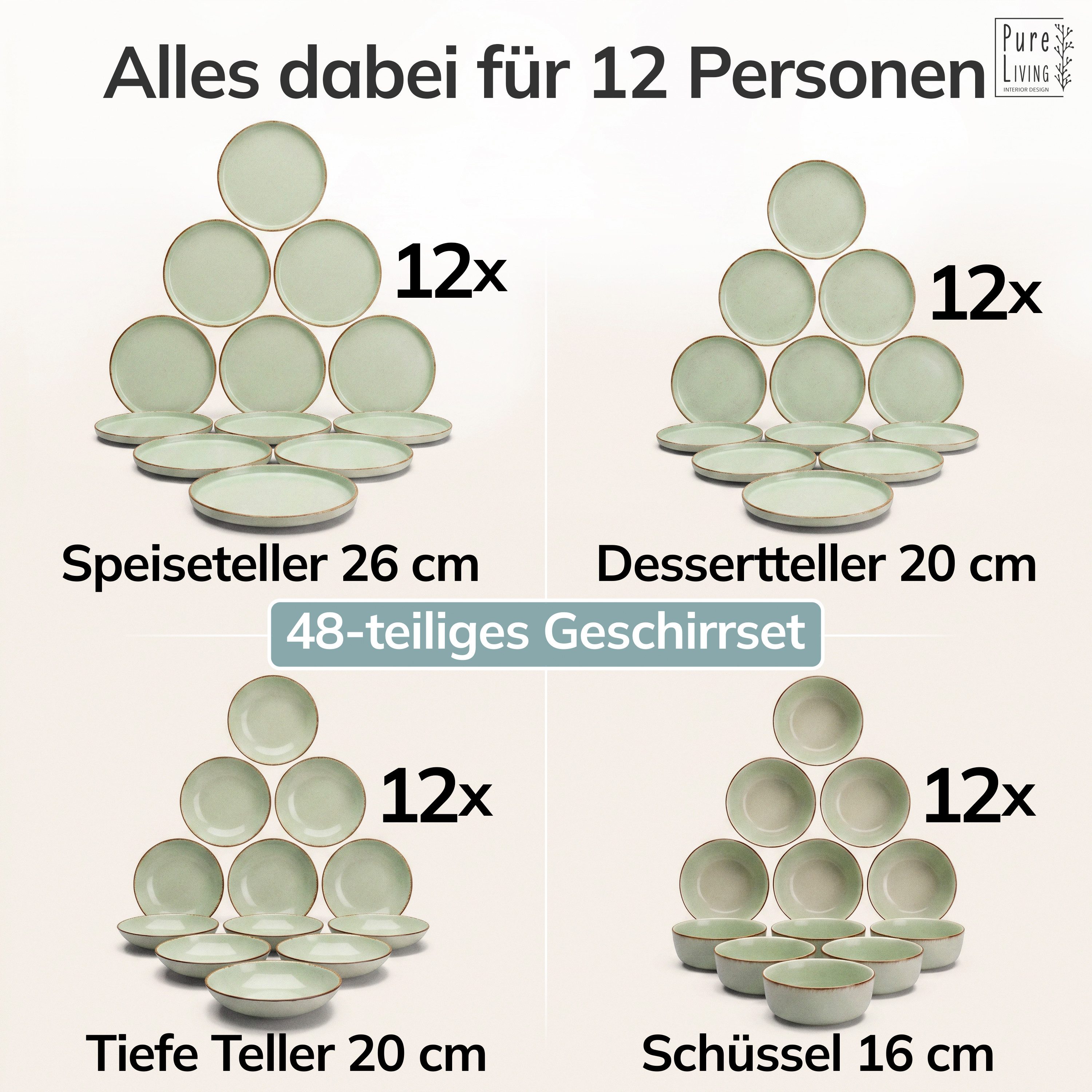 PURE LIVING INTERIOR DESIGN Geschirr-Set Rustic aus Steingut, 48-tlg., für 12 Personen, Mintgrün (48-tlg), 12 Personen, Steingut – Bild 5 von 5