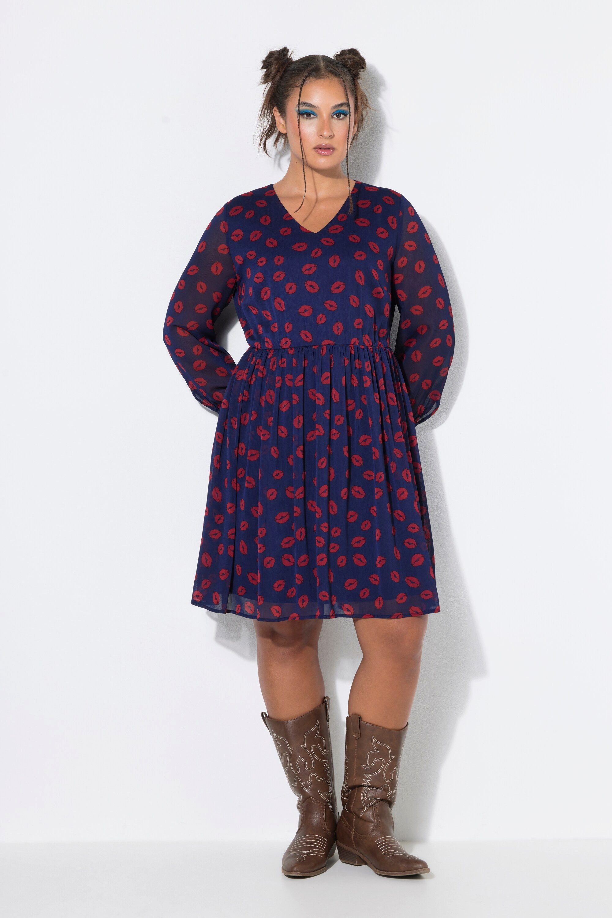Studio Untold Minikleid Kleid A-Line Kiss-Alloverprint Ballon-Langarm