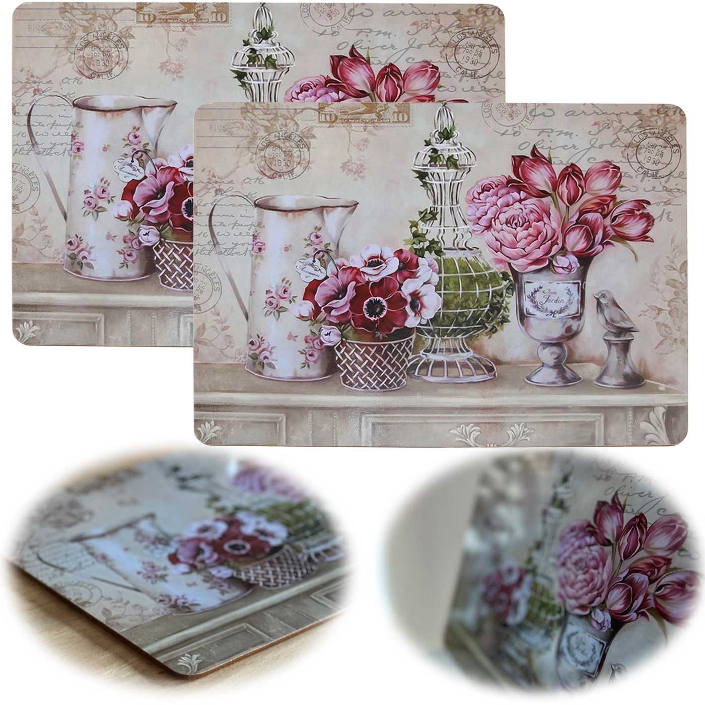 LS-LebenStil Platzset 2x Kork Tischset Platzset Vintage Blumen 40x30cm abwaschbar Rechteck, (Platzmatte abwaschbar Korkunterseite, 2-St., Placemate Tisch Untersetzer Unterlage Teller Geschirr Vasen)