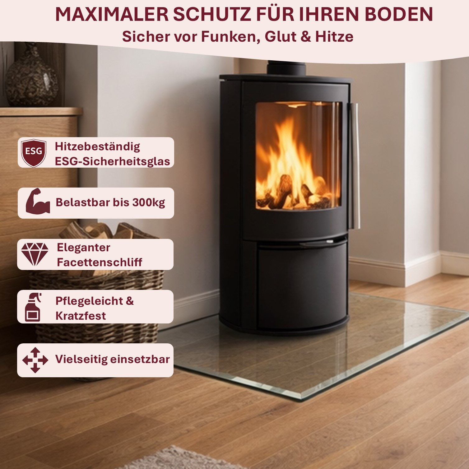 HOOZ Bodenschutzplatte aus 6mm ESG 115x65cm, rechteckige Funkenschutz Fasettenschliff Klar, Kamin Glas, 1-St., belastbare Glasauflage, Glasplatte, Schutzglas, B – Bild 3 von 5
