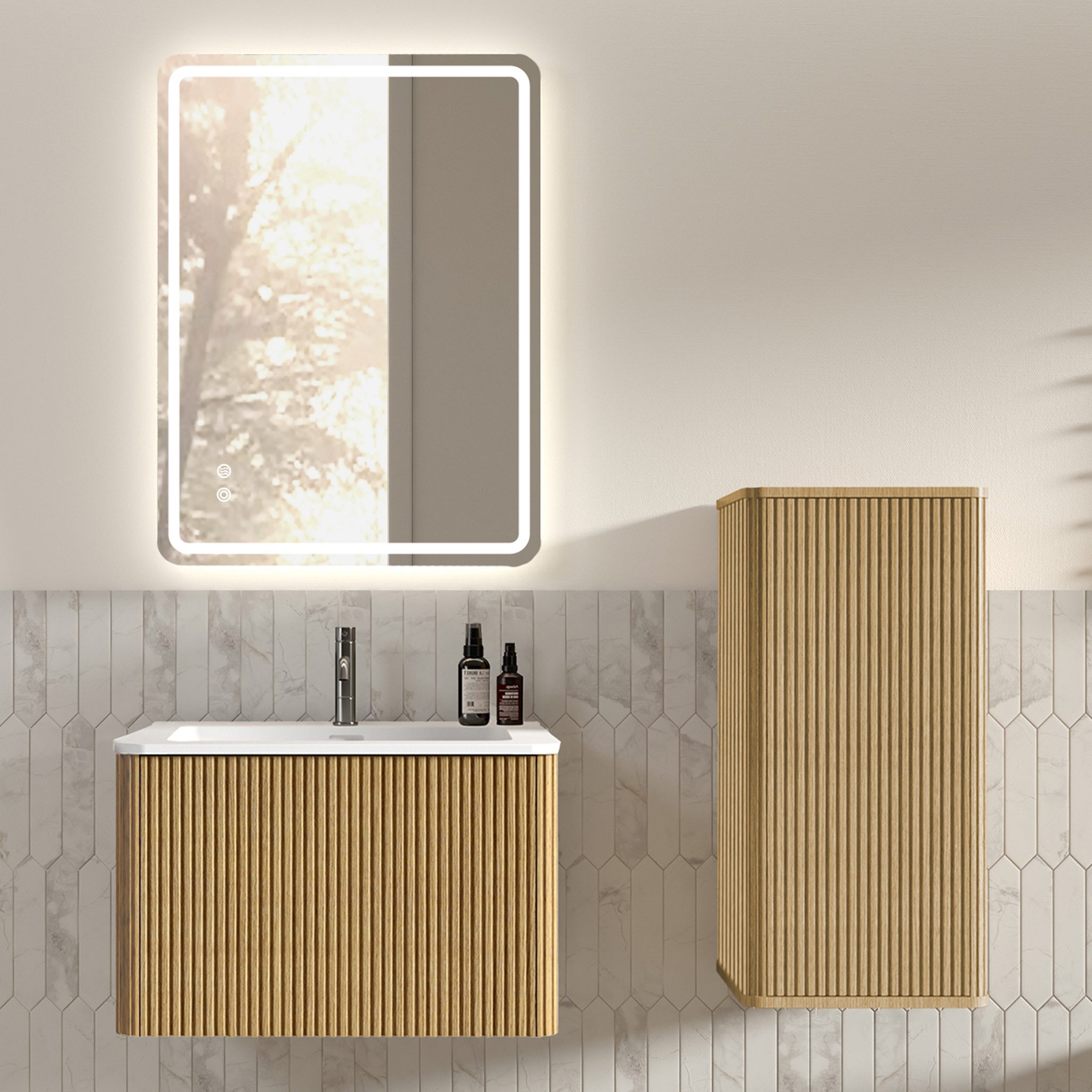 i@home Badezimmerspiegelschrank Badmöbel Set mit LED Spiegel und Seitenschrank (Packung Set) Unterschrank mit Waschbecken quadratischer Badspiegel Seitenschrank