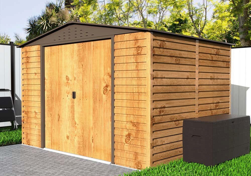 DURAMAX Gerätehaus DURAMAX Metall-Alpine 3x2,4m Holzoptik, BxT: 321,6x243,1 cm, in Braun mit 0,31mm Wandstärke