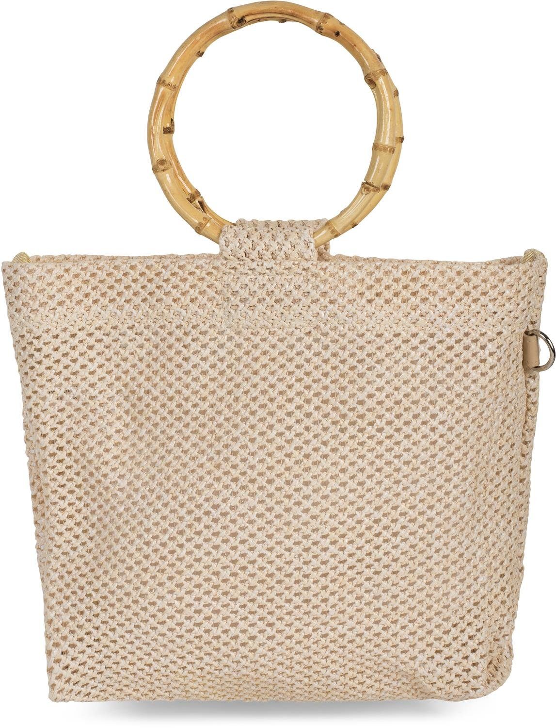 styleBREAKER Henkeltasche (1-tlg), Henkeltasche mit Bambus Henkel in Häkel Optik Beige