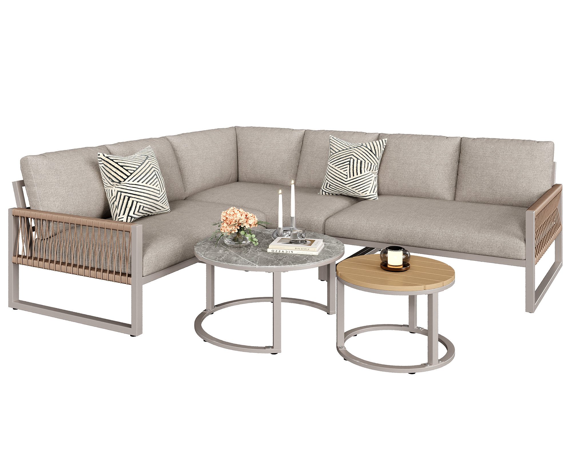 KLAM HOME Gartenlounge-Set Gartenmöbel-Set,Loungeset, Sitzgruppe Möbelset für 6-7 Personen, (5-tlg., 3 2-Sitzer Ecksofa, 2 Couchtisch), geeignet für Gärten, Schwimmbäder und andere Außenbereiche