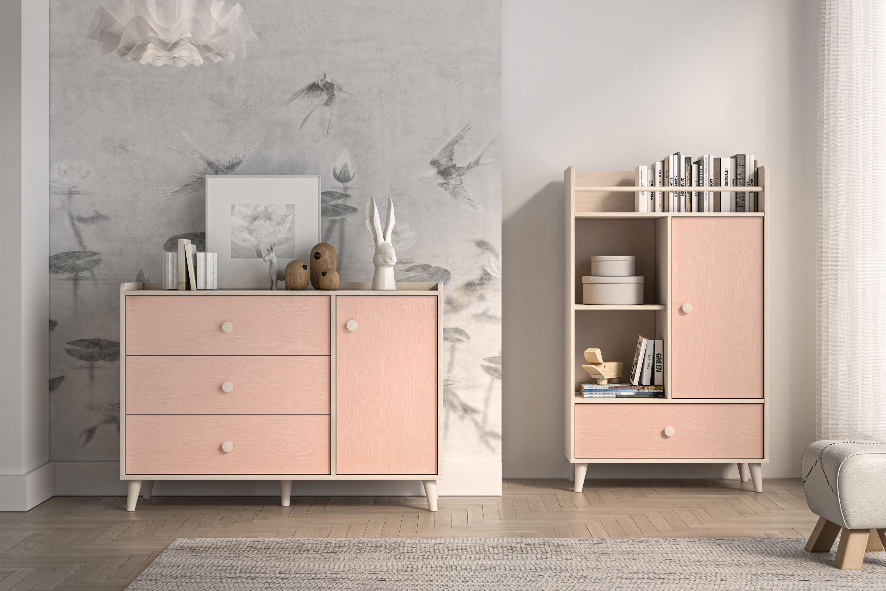 KONSIMO® Kommode PUNGI Kinderkommode, Kombikommode, hergestellt in der EU, mit 3 Schubladen, mit Türen, Soft-Close-Funktion, Fußhöhe 12 cm, rosa