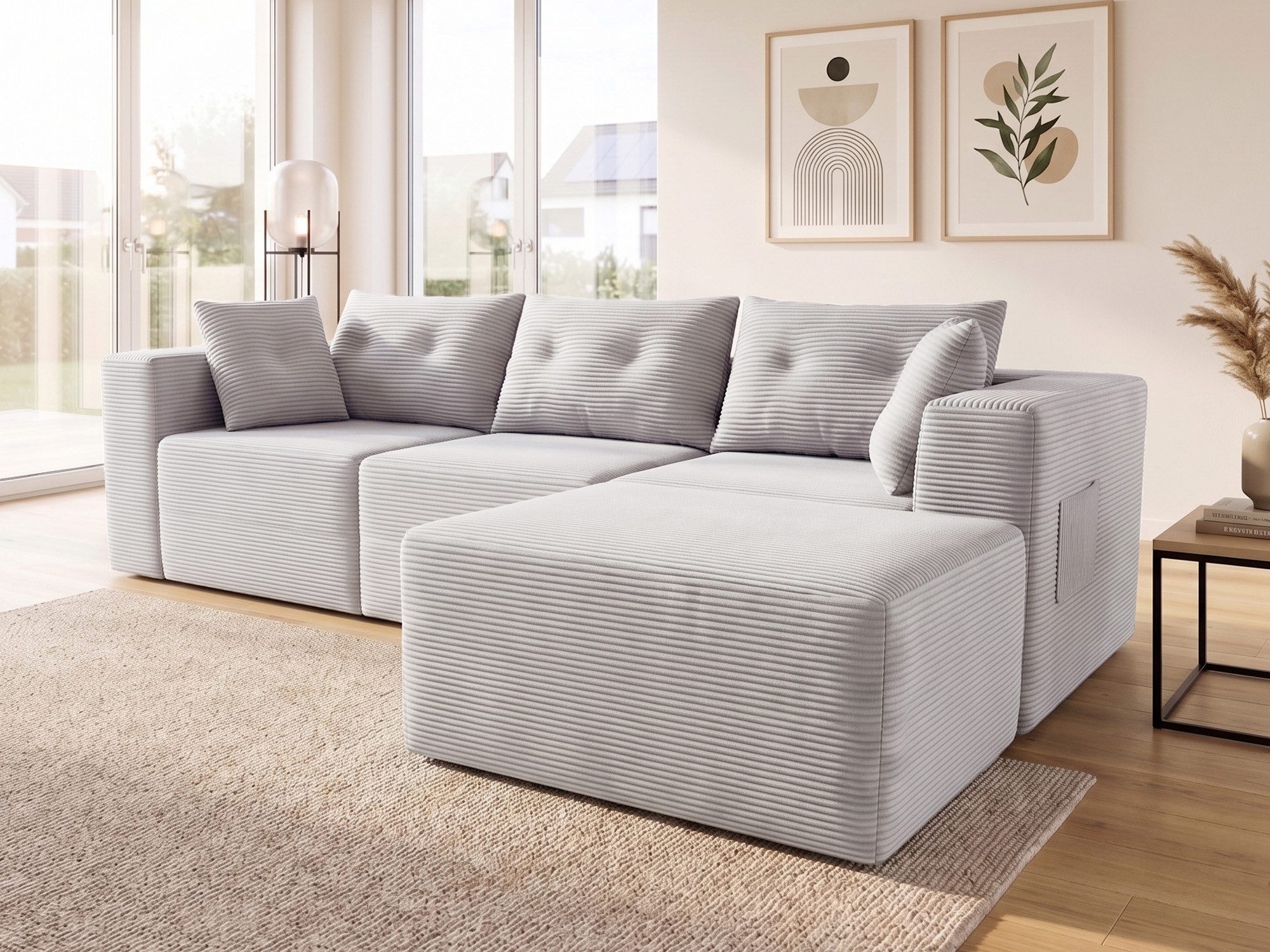 GLP Ecksofa Modulares Sofa aus Cord 254 cm breit, keine Montage erforderlich, 4 flexibel kombinierbare Module, Taschenfederkern, 3-Sitzer mit Ottomane und 5 Kissen, für Wohnzimmer, Gästezimmer