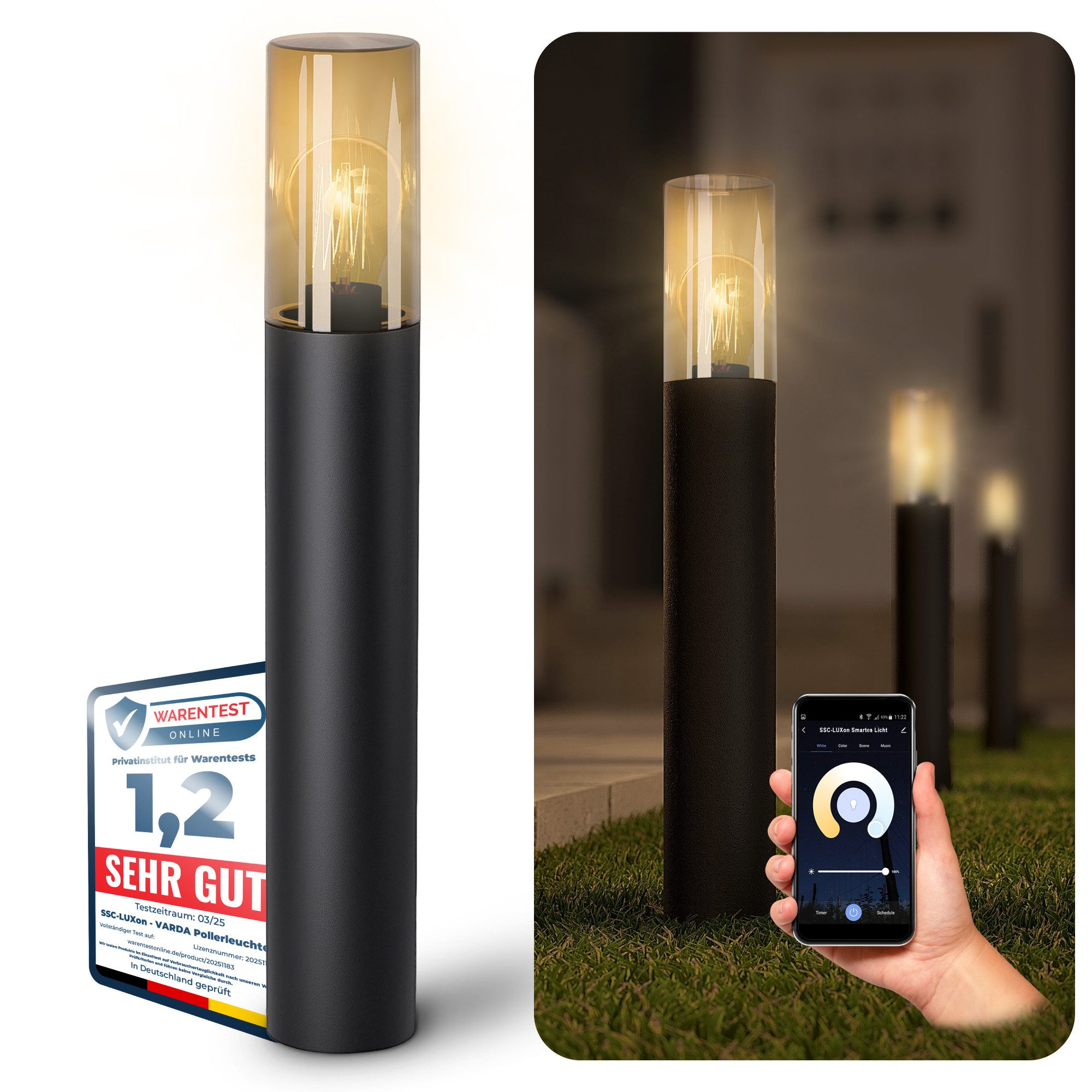 SSC-LUXon LED Gartenstrahler VARDA Wegeleuchte Pollerleuchte mit Smart E27 LED Lampe WLAN dim CCT, Warmweiß bis Tageslicht
