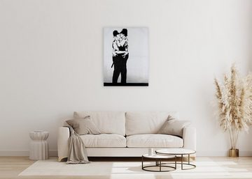 KUNSTLOFT Gemälde Banksy's Police Kiss 75x100 cm, Leinwandbild 100% HANDGEMALT Wandbild Wohnzimmer