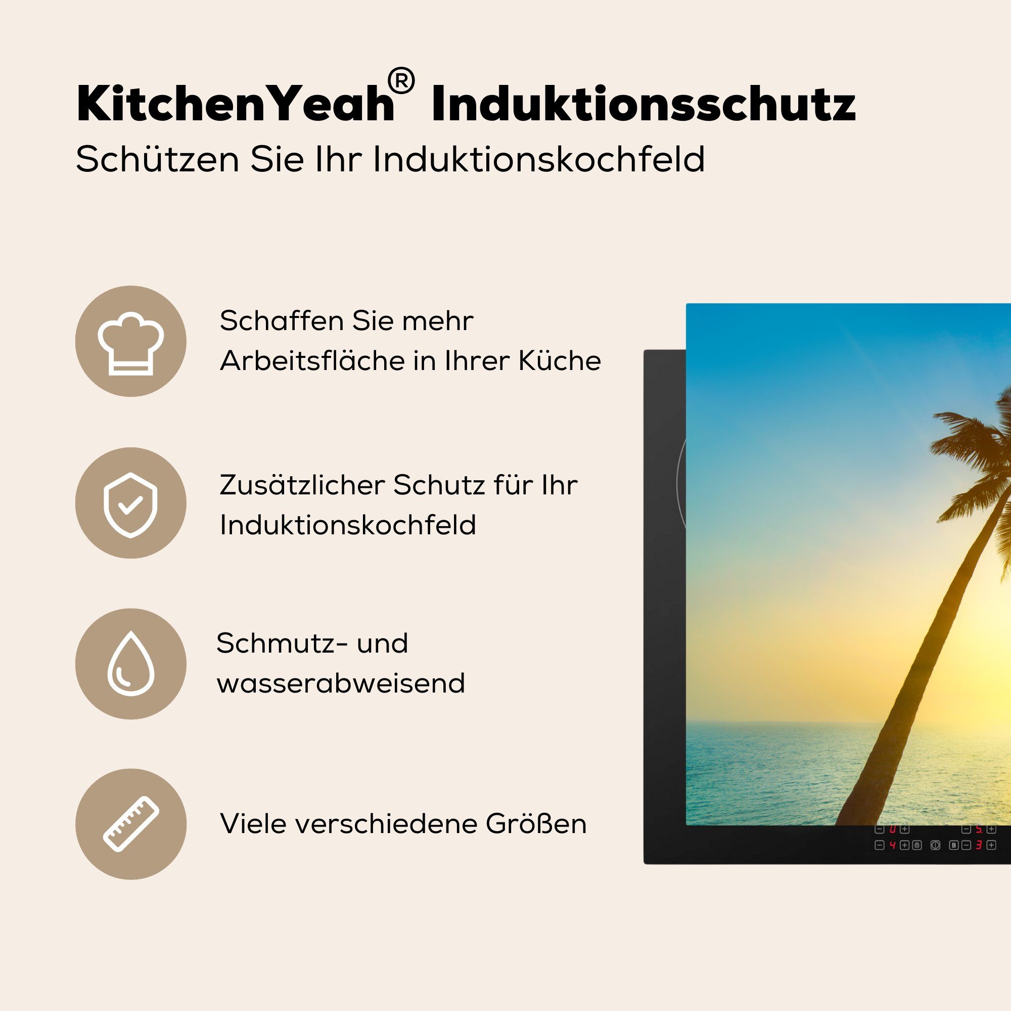 für die Induktionskochfeld Vinyl, Schutz Sonnenuntergang cm, Strand 81x52 küche, Ceranfeldabdeckung MuchoWow - Palmen, (1 Herdblende-/Abdeckplatte - tlg),