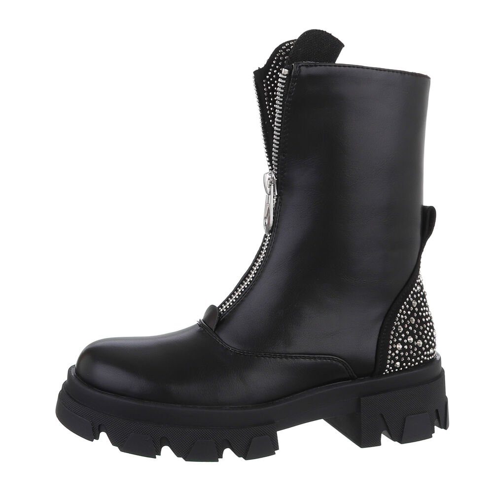 Ital-Design Damen Bikerschuhe Biker Westernstiefelette Blockabsatz Plateaustiefeletten in Schwarz