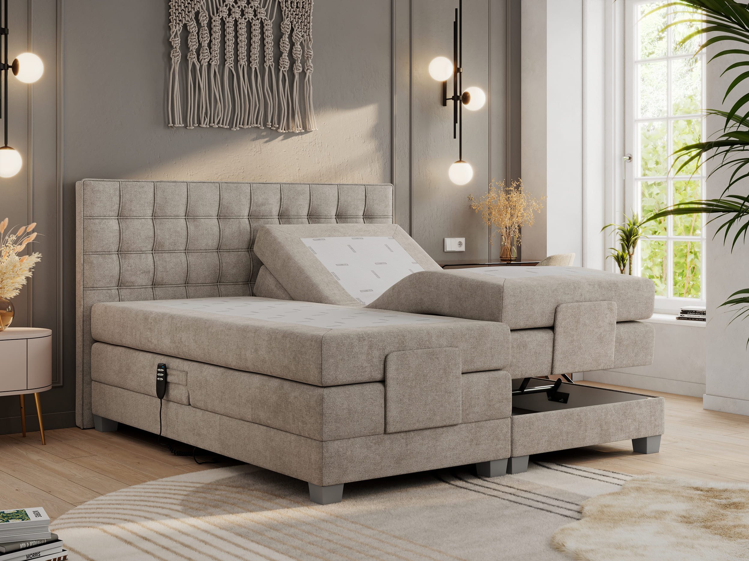 MKS MÖBEL Boxspringbett ELECTRO (Set, Packung, Multipocket-Matratzen, T30-Schaum, Elektrische Matratzenverstellung), Elektrisch verstellbare, Doppelbett mit Kopfteil, Topper T25/Visco