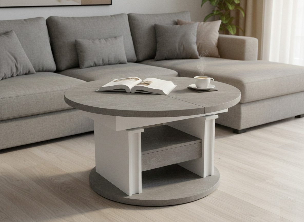 designimpex Couchtisch DA-999 rund ausziehbar höhenverstellbar mit Schublade Wohnzimmer Tisch, Funktionstisch, Wohnzimmertisch, Tisch, Esstisch, Sofatisch, Rollen