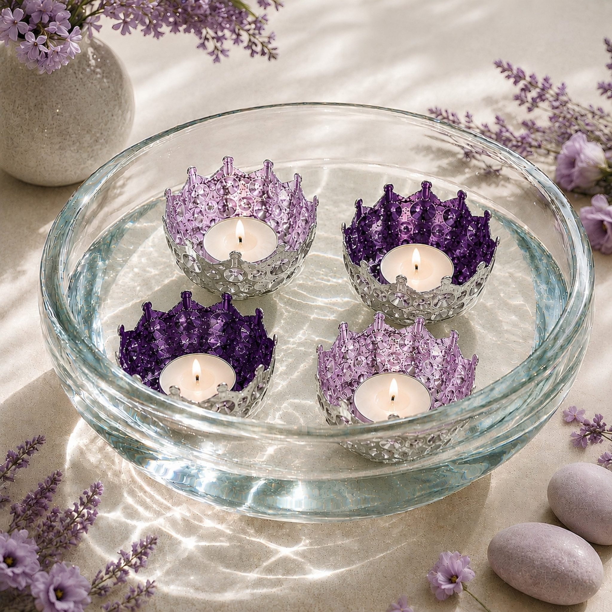 matches21 HOME & HOBBY Wasserspiel Schwimmschalen Lila Kronen aus Eisen, 4er Set in Ø 8 cm, (4 tlg), Elegante Teelichthalter für stimmungsvolle Wasserdekoration