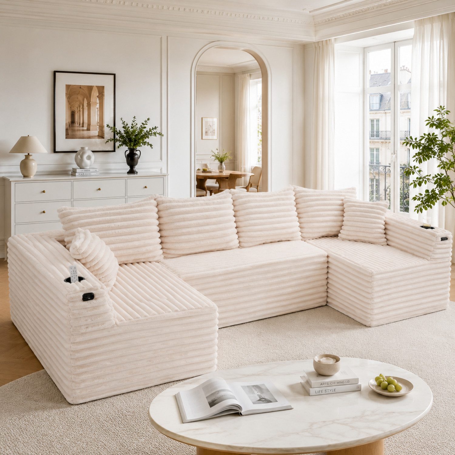ANYSUN Sofa Ecksofa,U-förmiges Cord-Sofa mit Getränkehaltern und Seitentaschen, Modulares U-Form Multifunktionssofa aus Cordstoff, Loungesofa mit 2 Zierkissen, Ideal für Wohnzimmerbüros, Ferienwohnungen, Aufenthaltsräume