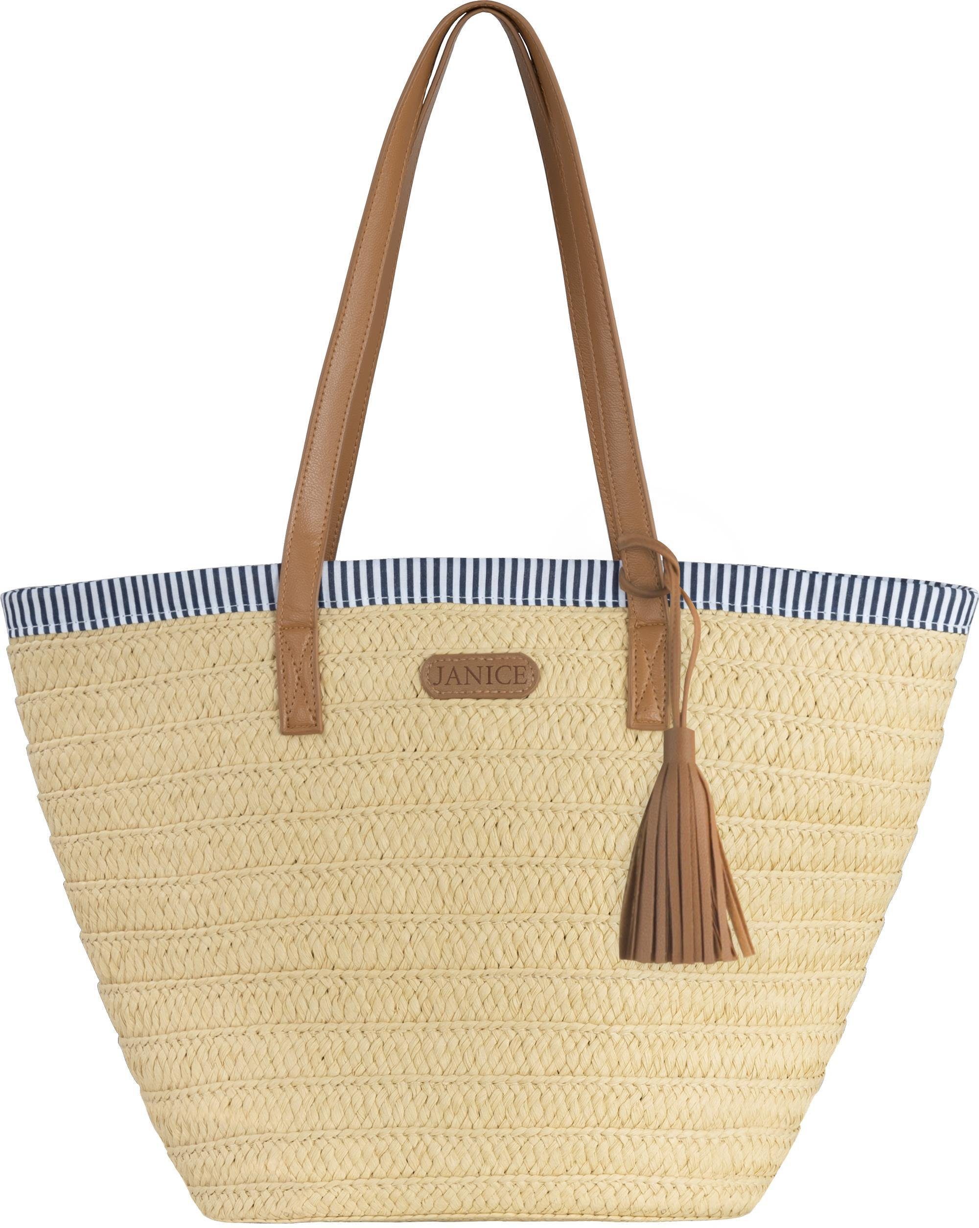 Janice Strandtasche Strandtasche 10 Liter Mindanao, Sommertasche im Maritim-Look für Damen aus Stroh