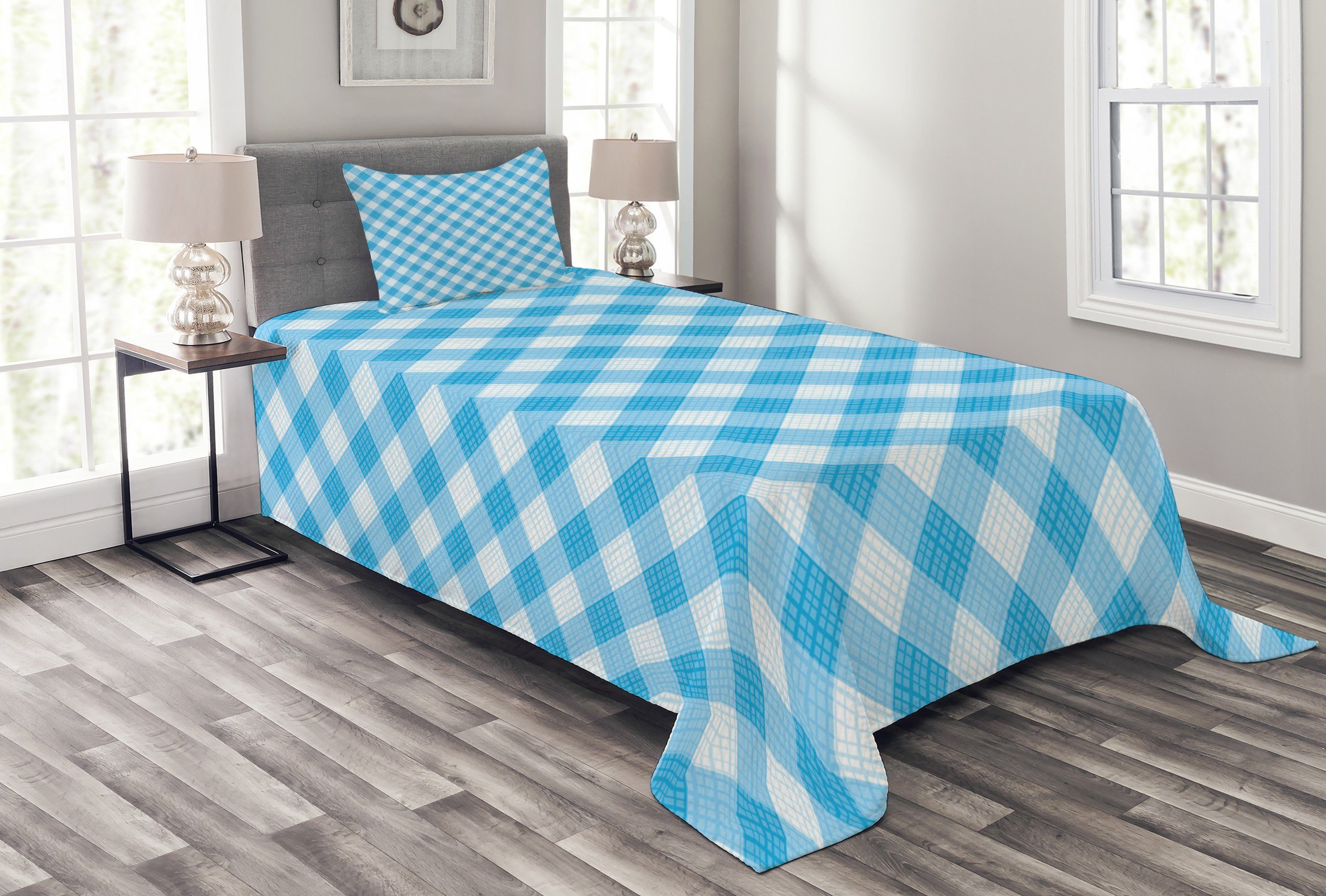 weiße und Tagesdecke Blaue Waschbar, Set mit Kariert Kissenbezügen Plaid Abakuhaus,