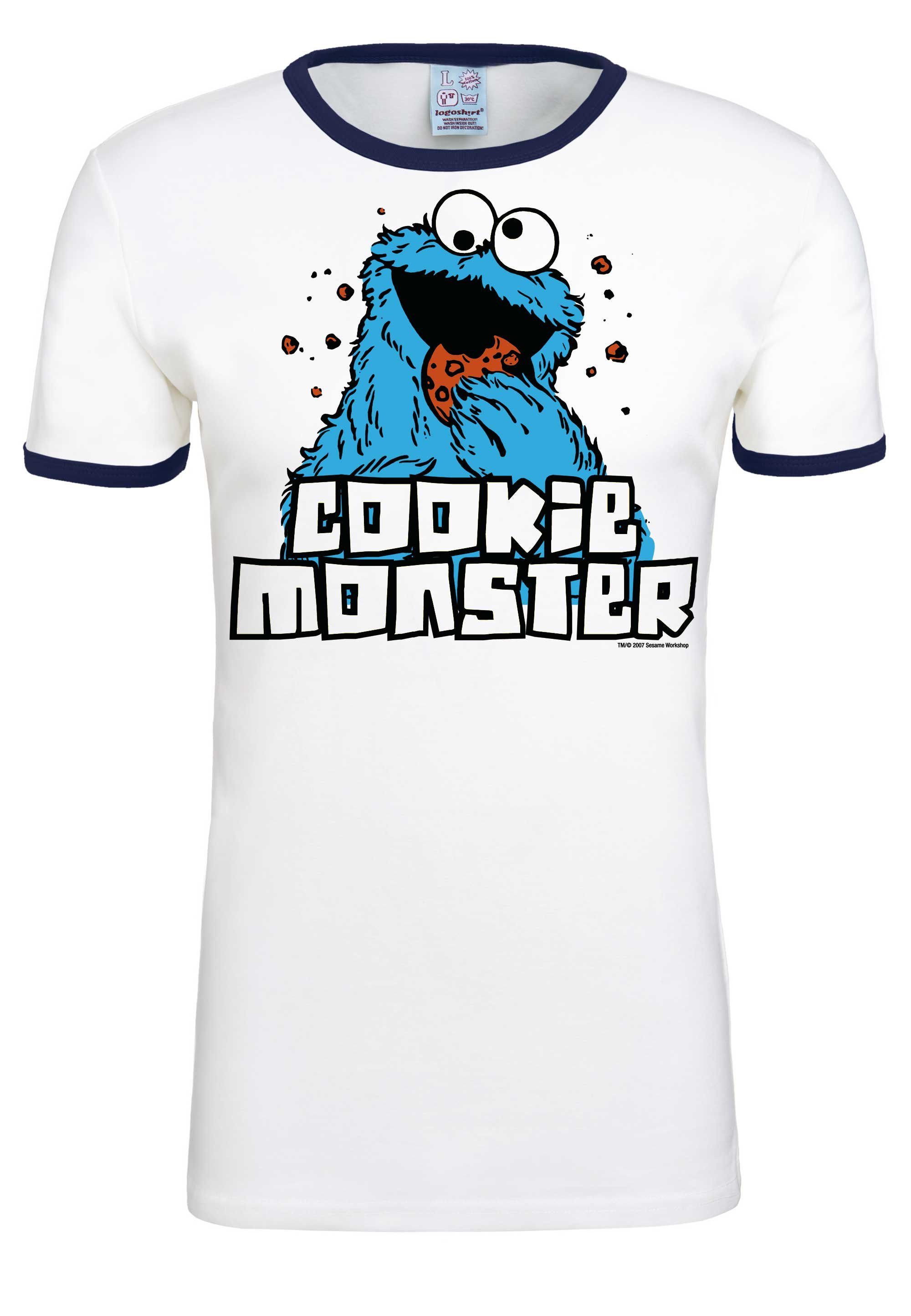 T-Shirt lizenziertem Print mit LOGOSHIRT dunkelblau Krümelmonster weiß, - Sesamstrasse