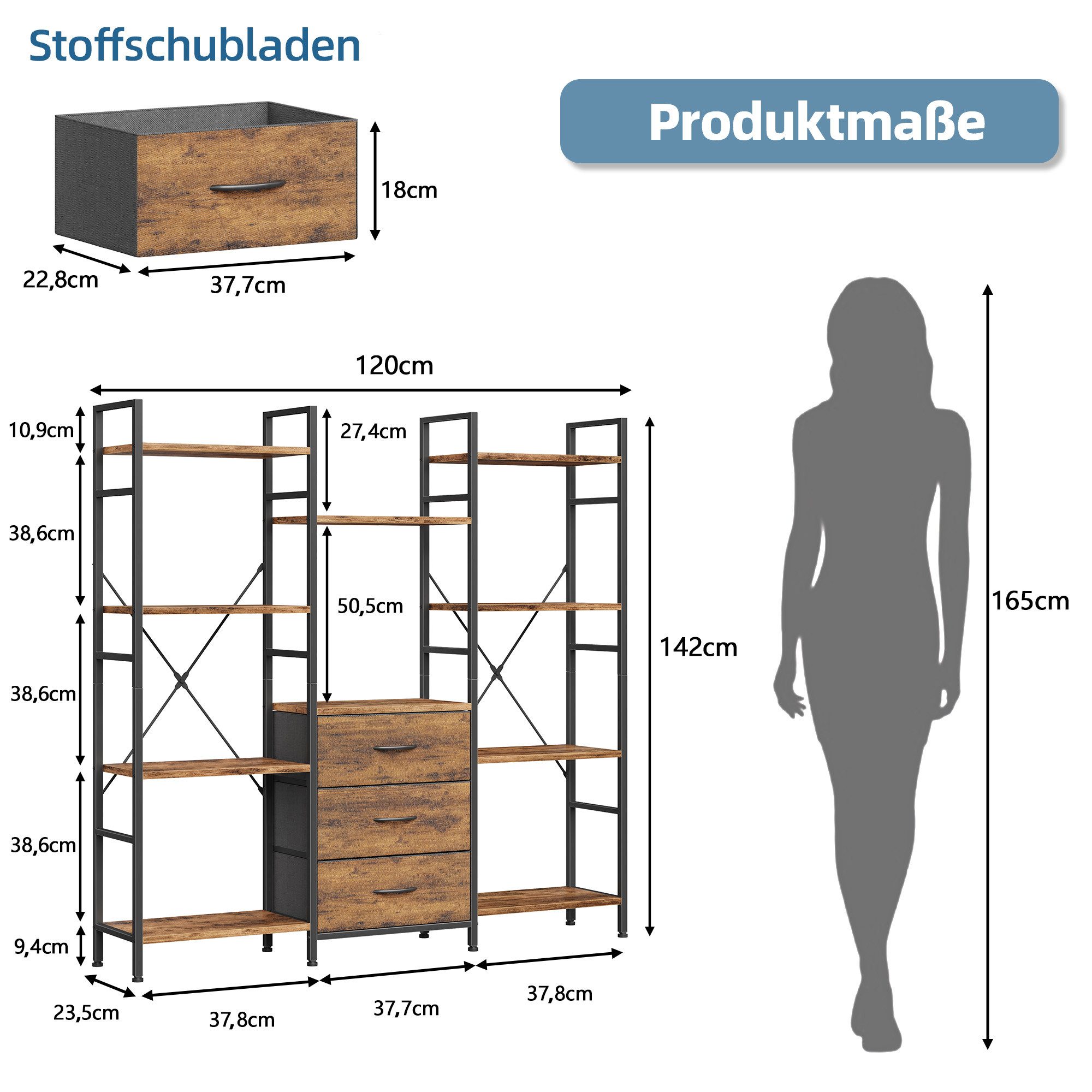 OYRREU Mehrzweckregal 10 offene Fächer & 3 Schubladen, kombiniert, Bücherregal, Standregal, industrial Aufbewahrungsregal 1-St., mehrfach, X-förmige Metallverstärkung, variabel einsetzbar, 120 x 23,5 x 142 cm