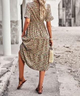B.X Dirndl Damen-Sommerkleid mit V-Ausschnitt bedrucktA-Linie Blumen-Urlaubskleid Damen-Midikleider mit langen Ärmeln und Rundhalsausschnitt