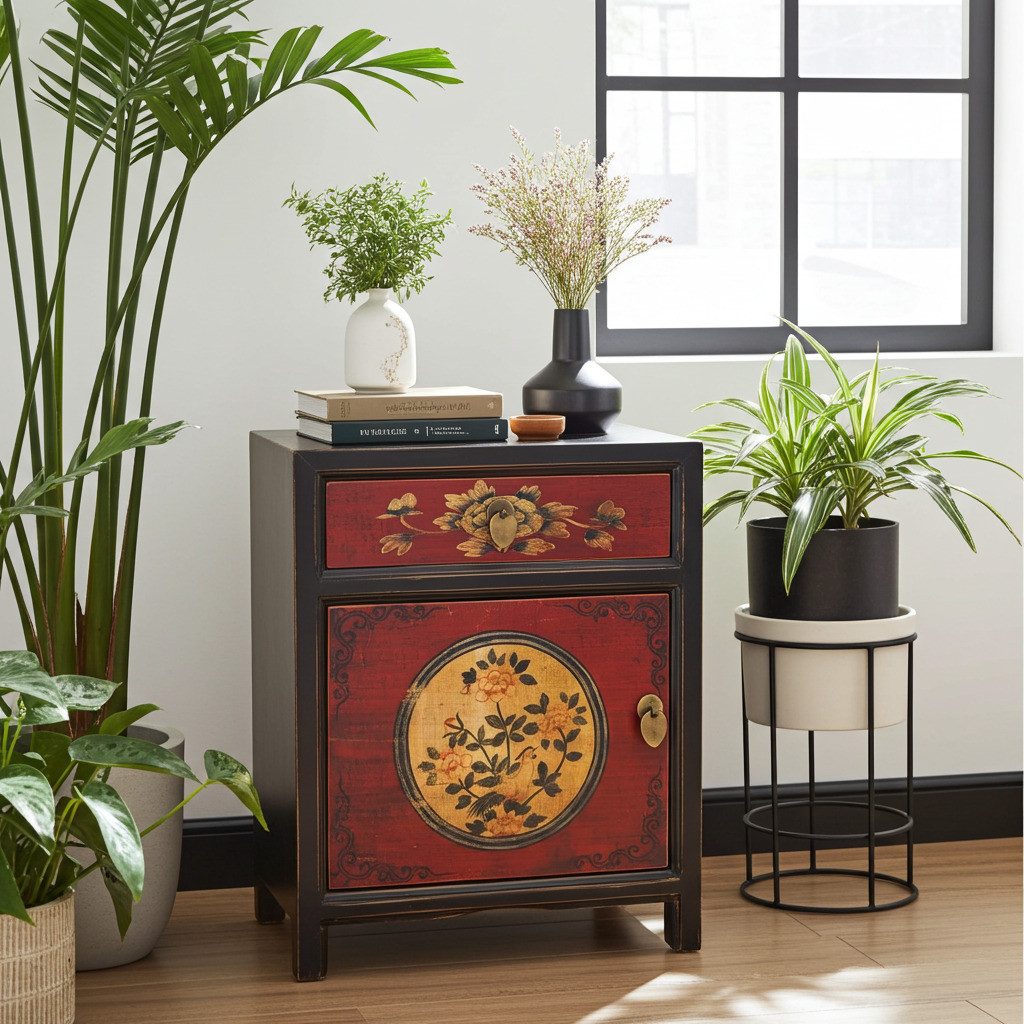 OPIUM OUTLET Nachtkommode Nachttisch Vintage-Stil (Möbel asiatisch orientalisch chinesisch shabby-chic, Breite x Tiefe x Höhe: 45 x 33 x 55 cm, Lieferung komplett montiert), Nachtschrank Schrank Kommode