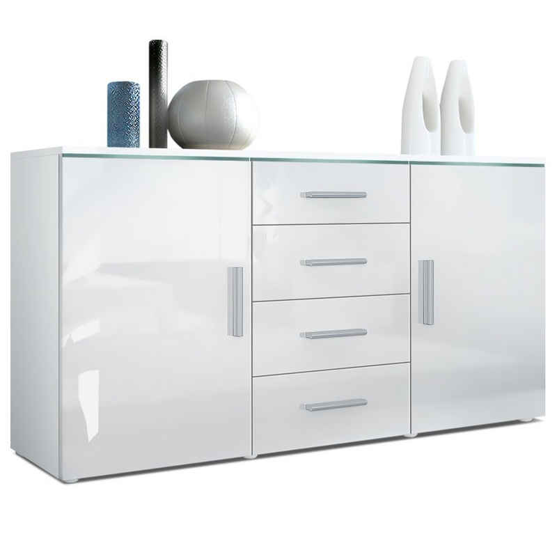 Vladon Sideboard Faro (Kommode, mit 2 Türen und 4 Schubladen), Weiß matt/Weiß Hochglanz (139 x 72 x 35)