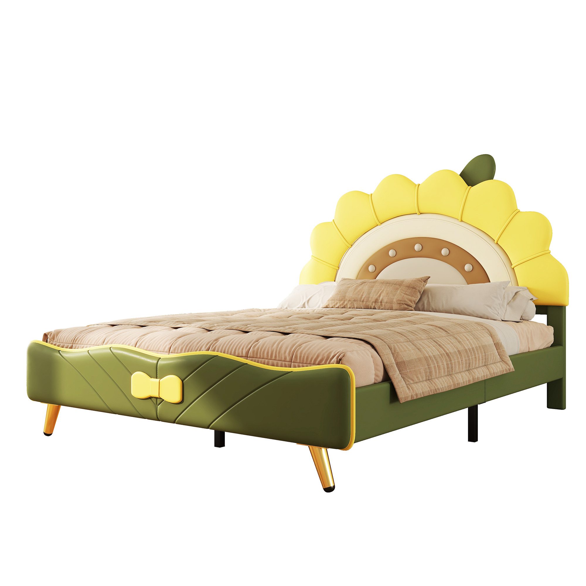 Flieks Polsterbett, Kinderbett Doppelbett 140x200cm mit Sonnenblumenform Kopfteil