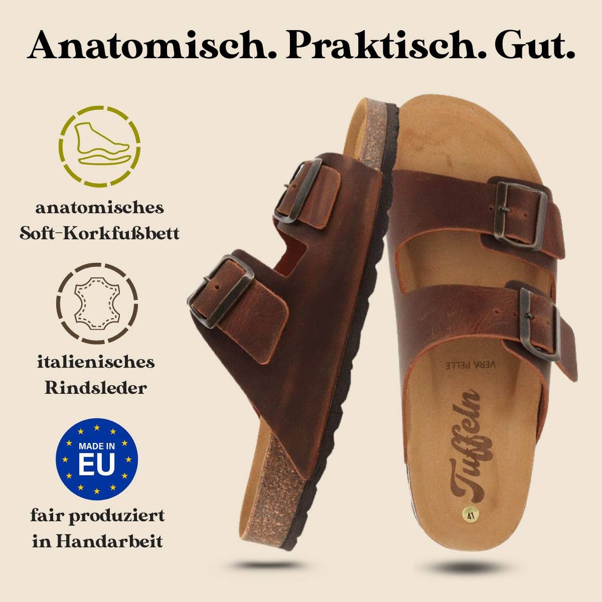 Tuffeln Leder-Sandalen 'Föhr' mit Korkfußbett Zweischnaller Pantolette Hausschuh mit gepolstertem Tieffussbett