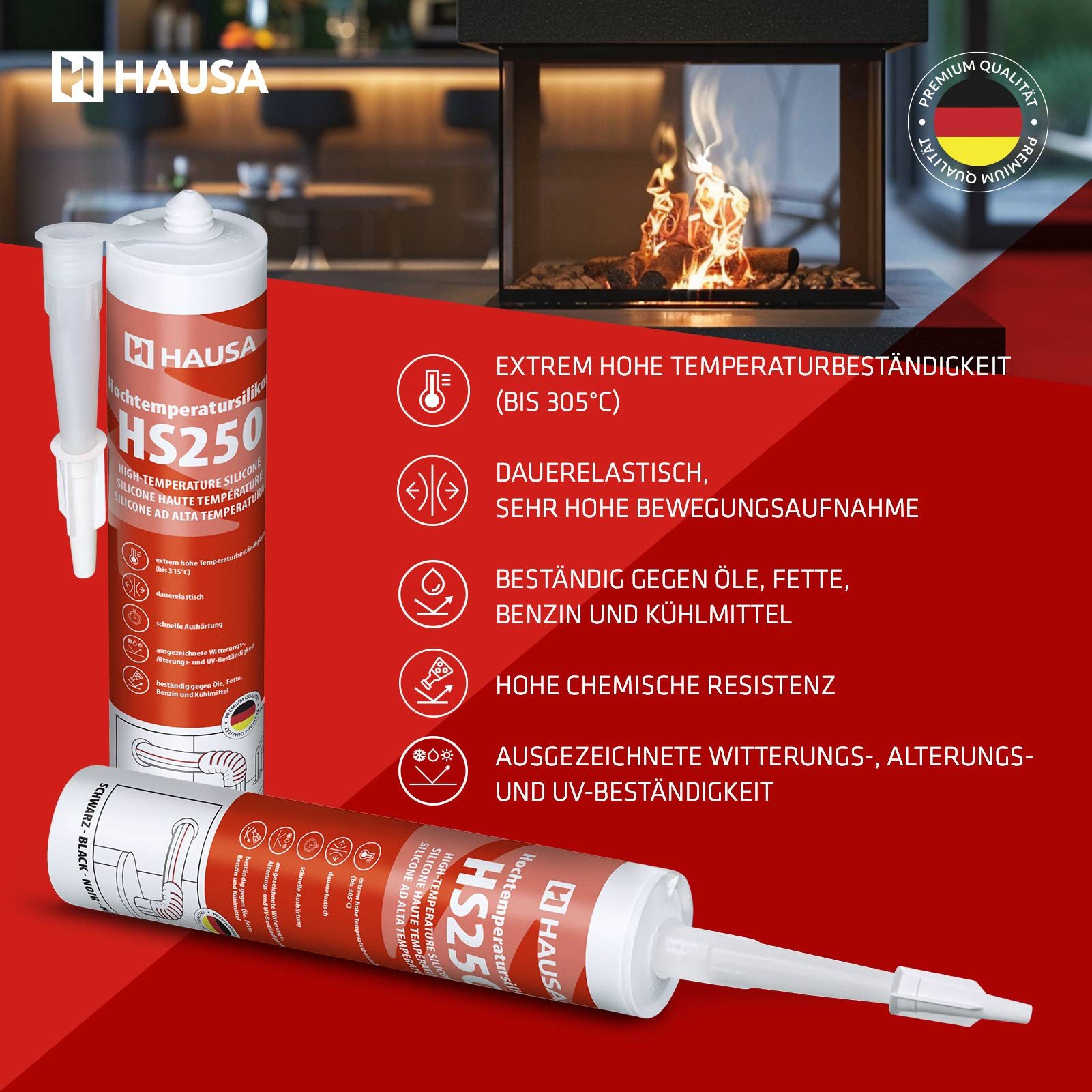 Thumbnail - Hausa Silikon Hochtemperatur Silikon HAUSA HS250 +305°C schwarz 5 x 300ml, Hochtemperatursilikon, (5-tlg), Hochtemperatu...