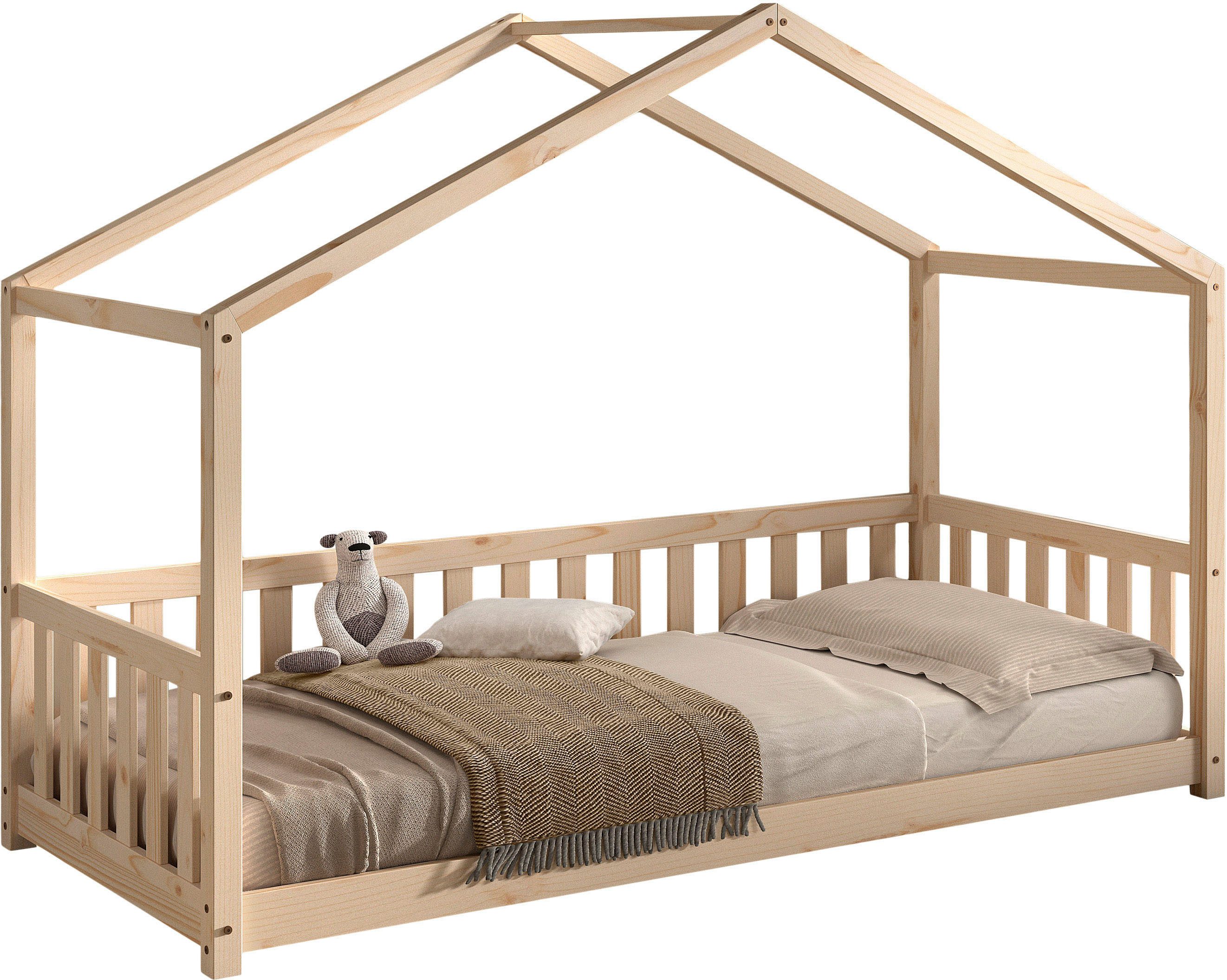Vipack Hausbett Dallas, Massivholzbett mit Dachaufbau umbaubar vom Boden- zum Daybett (inkl. Rolllattenrost und Sprossenumrandung, 90 oder 140x200 cm breit), stabil und standfest gebaut, wahlweise Kiefer massiv natur oder weiß