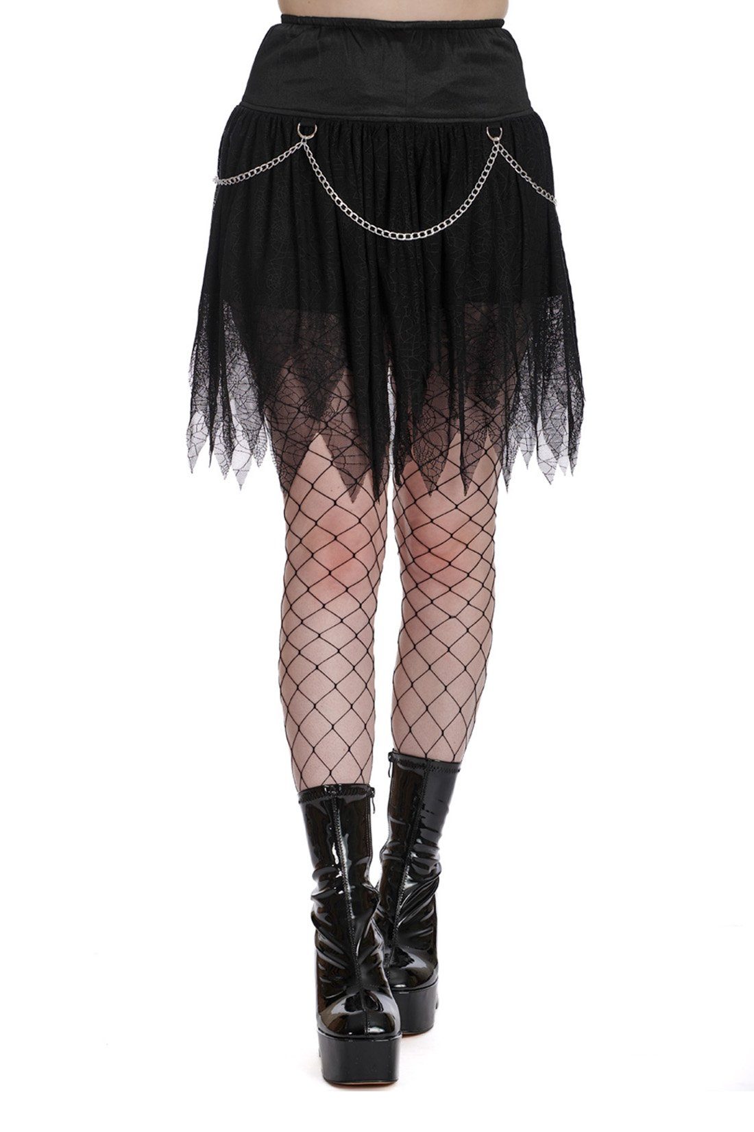 Banned A-Linien-Rock Desdemona Gothic Chain Skirt Spinnenetz Tüll Ketten
