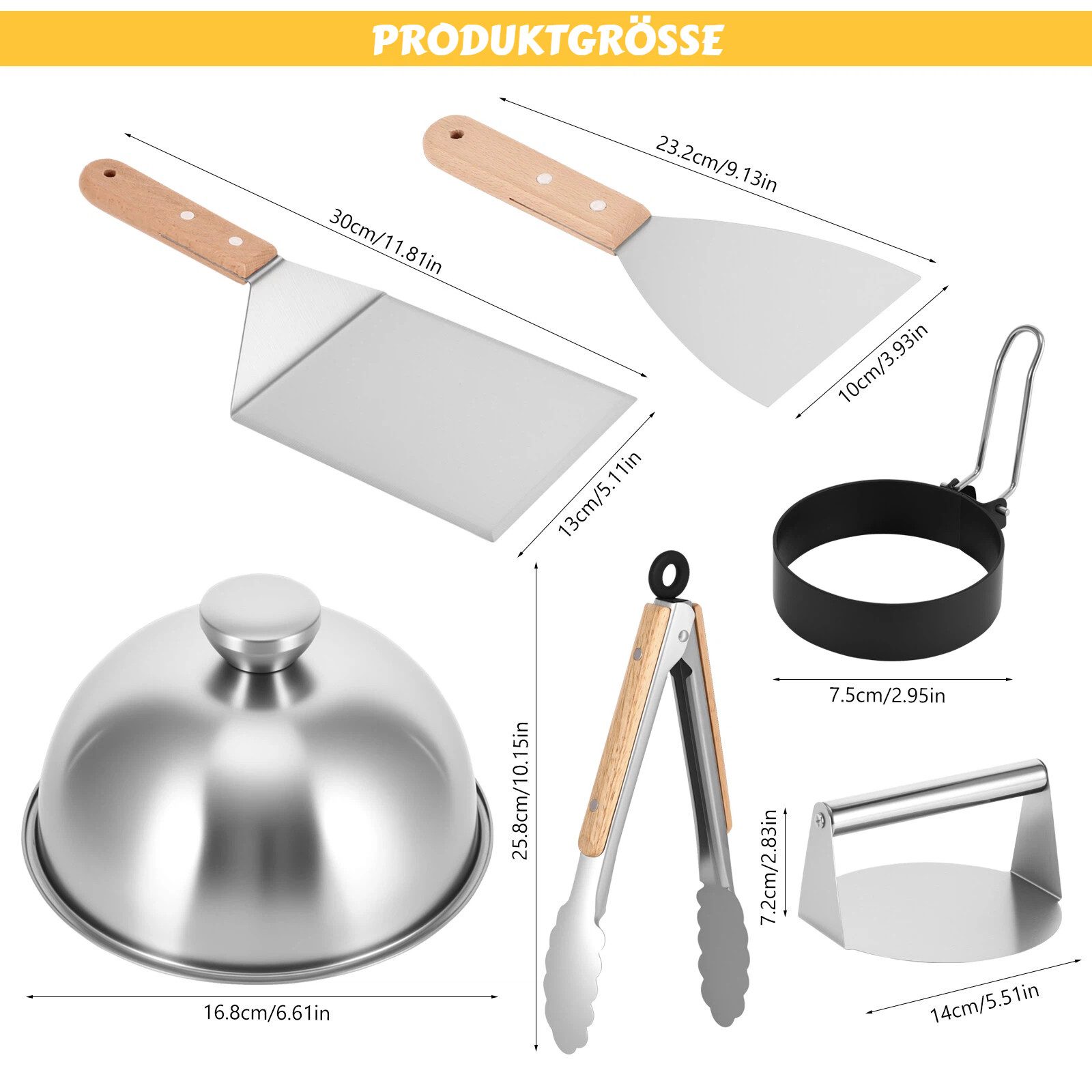 BlingBin Burgerpresse 8-teiliges Smash Burger Set aus Edelstahl, Burger Grill Set (8 St), Edelstahl 304, Inkl. Burgerpresse,Burgerglocke,Grillspachtel&Grillzange mit Holzgriff