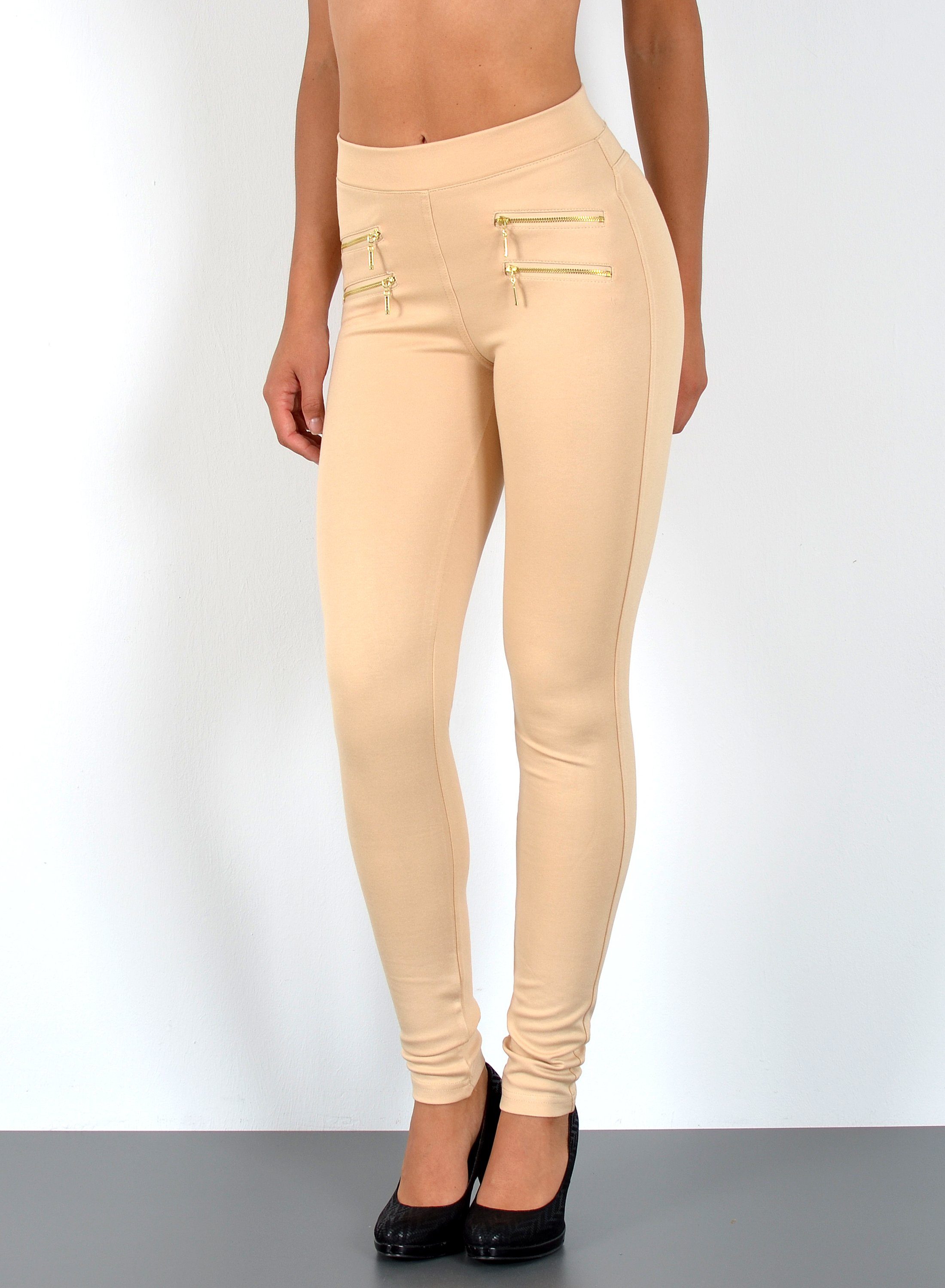 bis Stretch-Hose bis Treggings Waist Übergröße Hoch-Bund, Sehr und Gummi-Bund Damen elastischem Damen J189 Stretch Hose Plussize, hohe / enge Leibhöhe Stretch-Hose Hose mit Beige Damen Skinny Bund, mit ESRA Große High Größen,