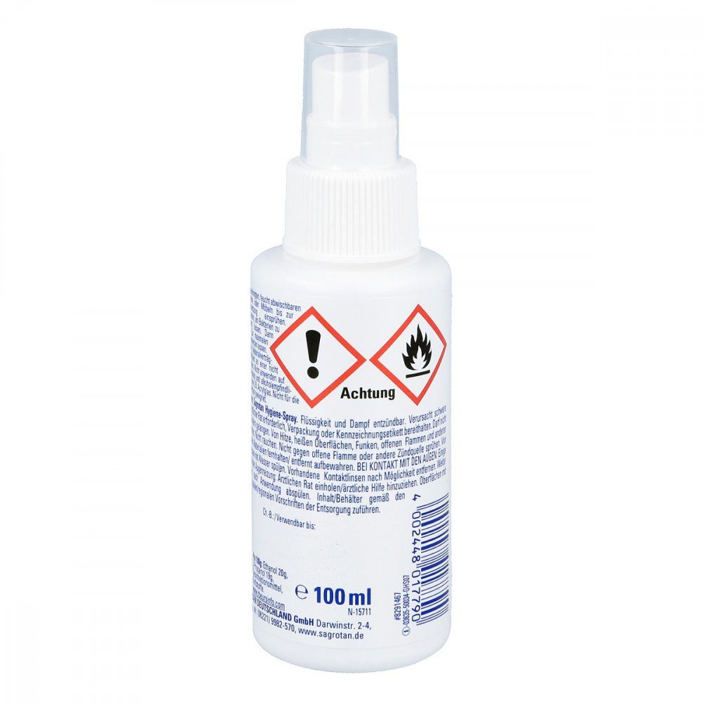 SAGROTAN Hygiene-Pumpspray 100 ml Oberflächen-Desinfektionsmittel (1-St. Ideal für unterwegs Entfernt 99,9% der Bakterien)