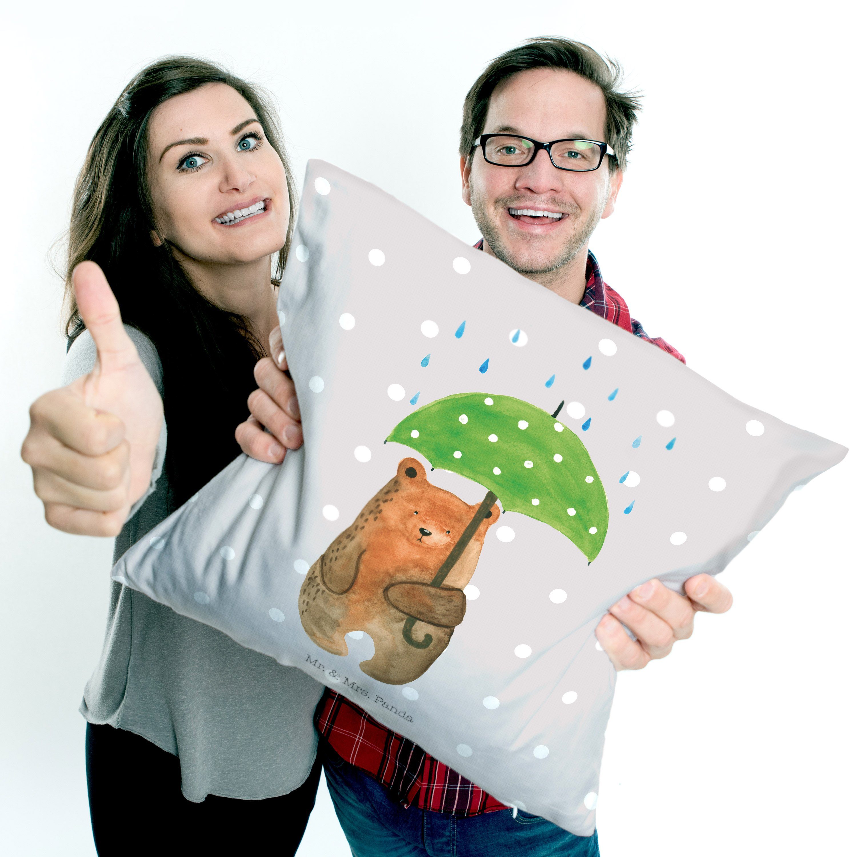 Mr. & Mrs. - Dekokissen Bär mit Geschenk, Regenschirm - Liebeskummer, Kissenhü Grau Panda Pastell