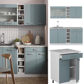 Livinity® Küchenzeile R-Line, Blau-Grau/Weiß, 160 cm, AP Eiche