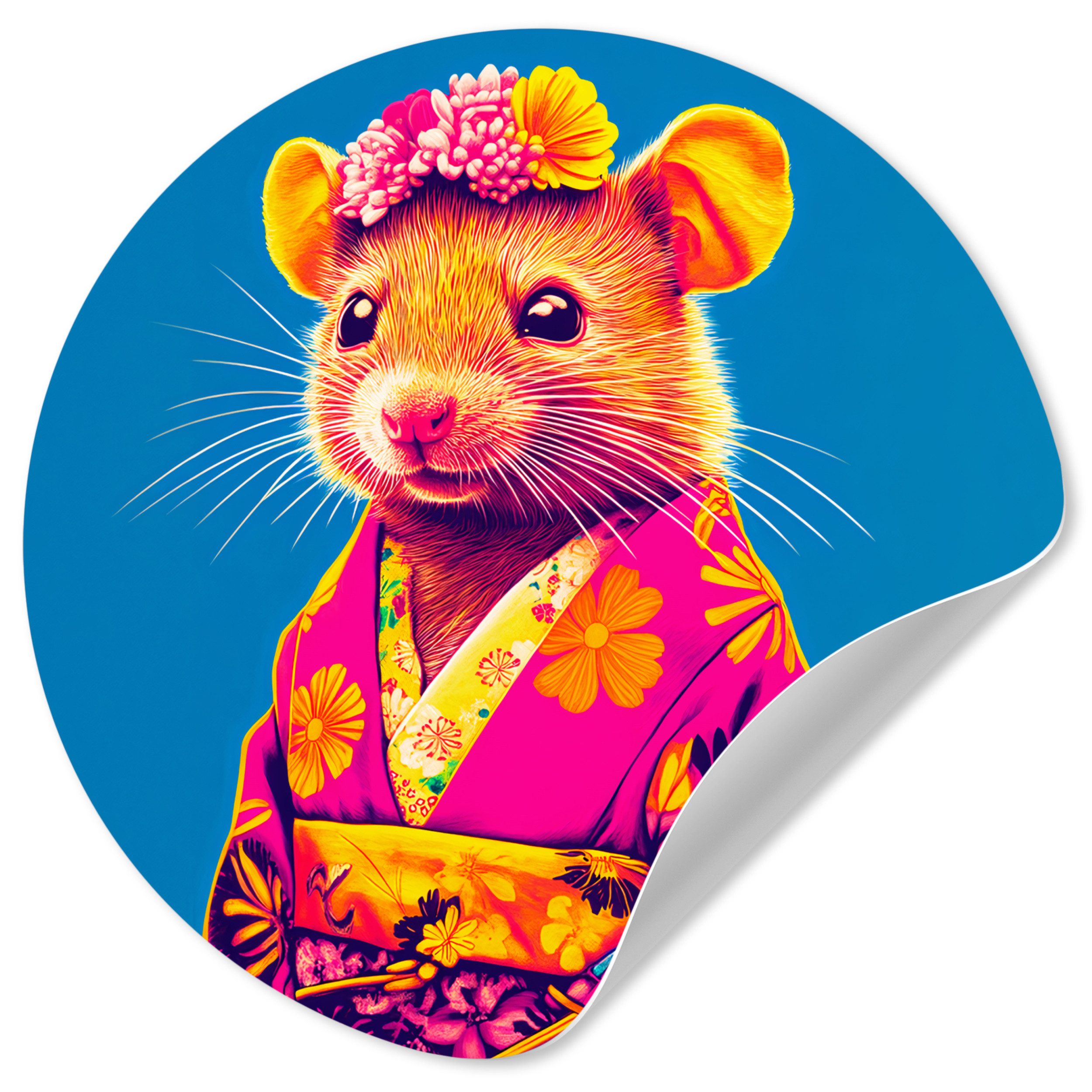 MuchoWow Wandsticker Maus - Kimono - Blumen - Blau (1 St), Runde Aufkleber für Kinderzimmer, Selbstklebend, 120x120 cm
