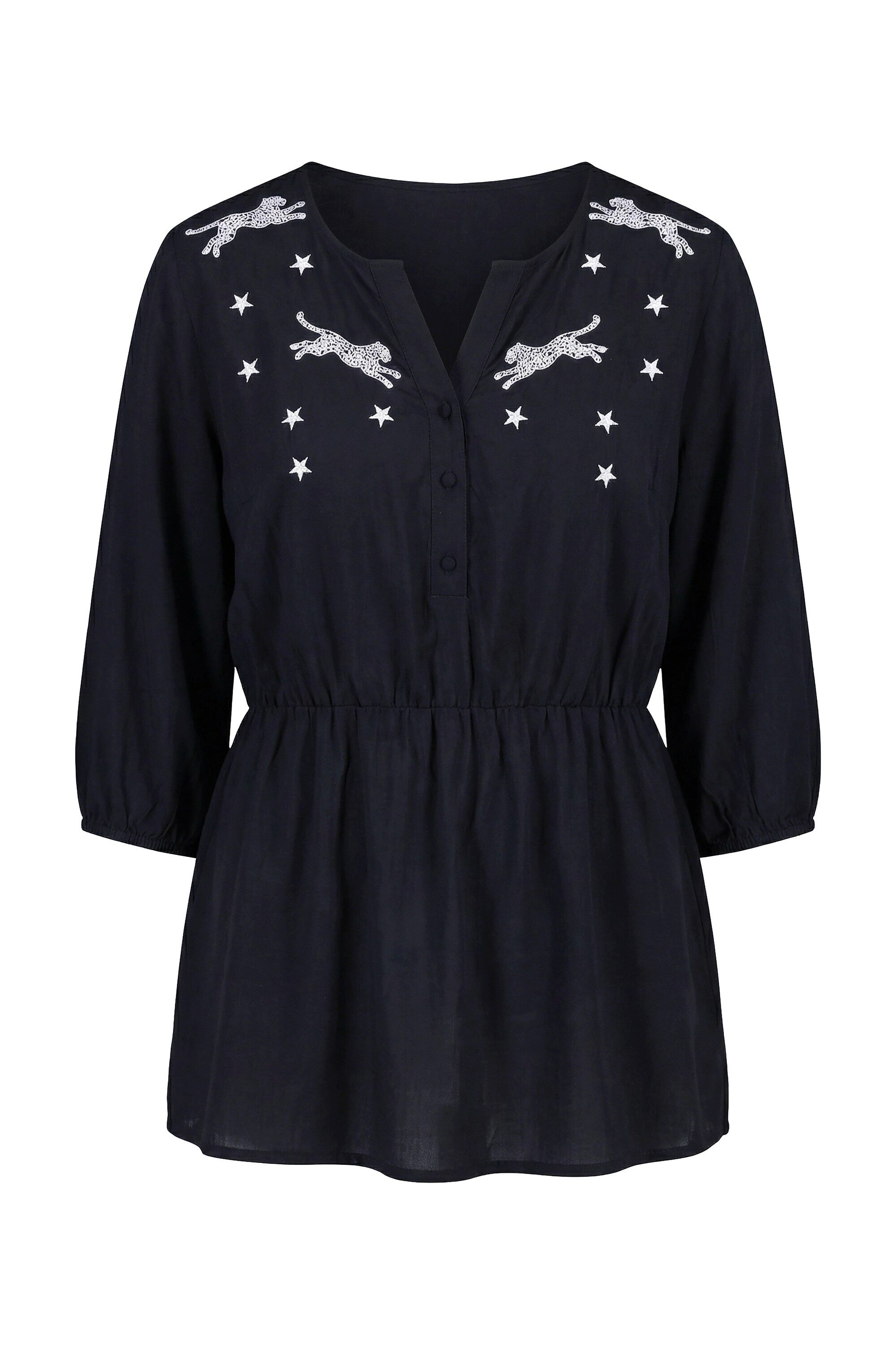 Angel of Style Longbluse Bluse A-Linie Leoparden-Stickerei 3/4-Ärmel