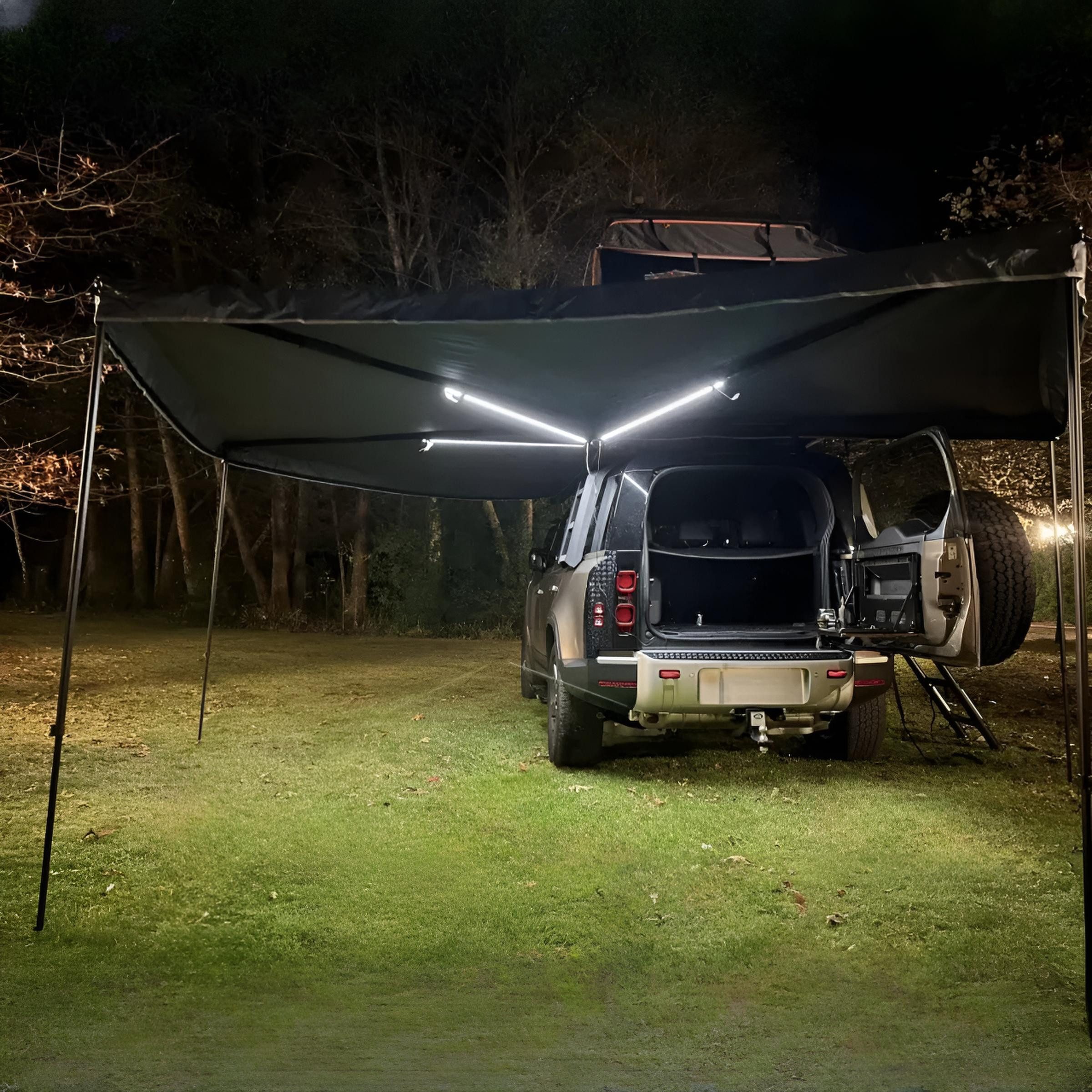 TZIpower Markisenvorzelt 270° Autodachmarkise Auto Markise, Vordach, Dachzelt Schwarz/Grau LED