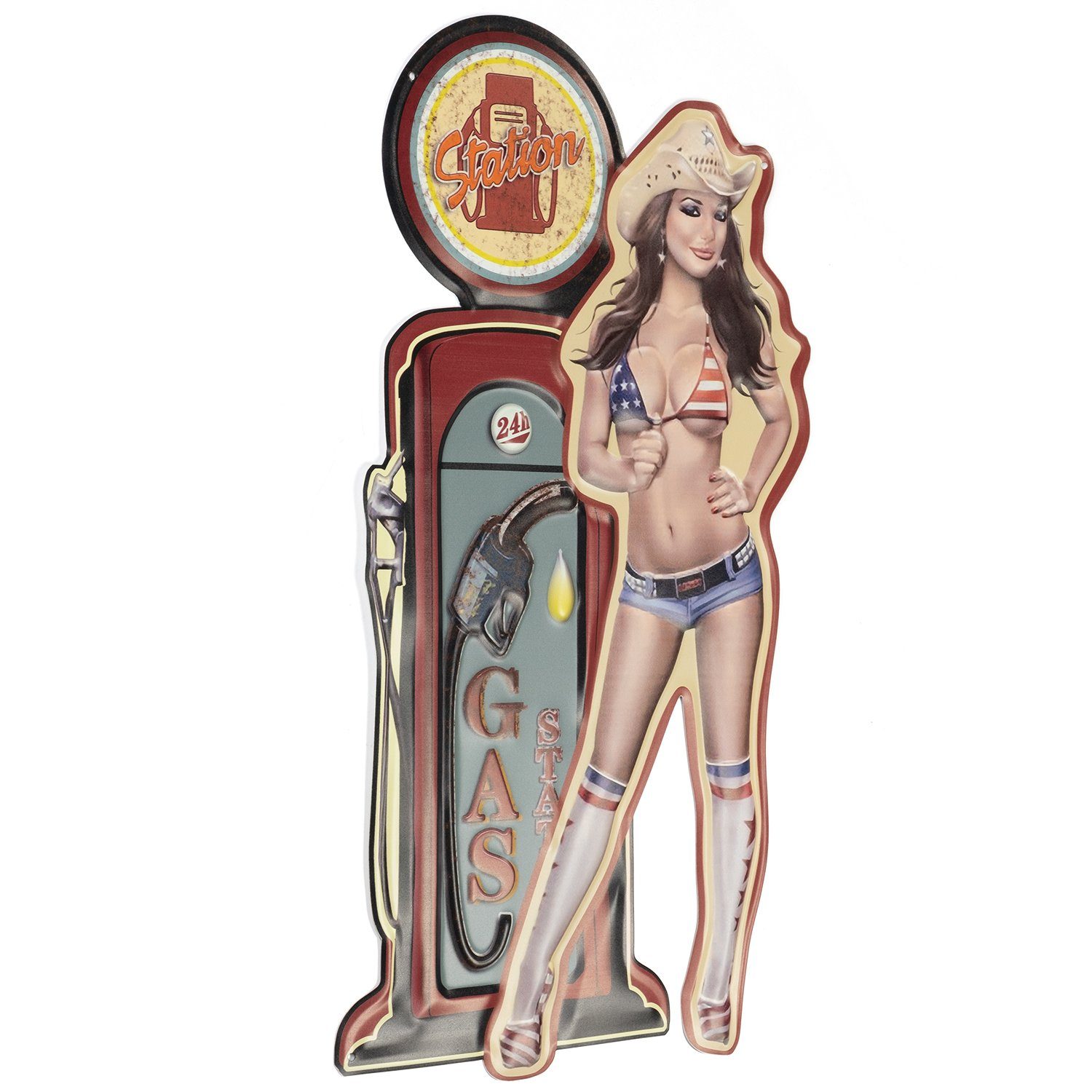 Moritz Metallschild Blechschild Gas Station Frau USA, Vintage Retro Deko Schild Metallschild Wandbild Schild