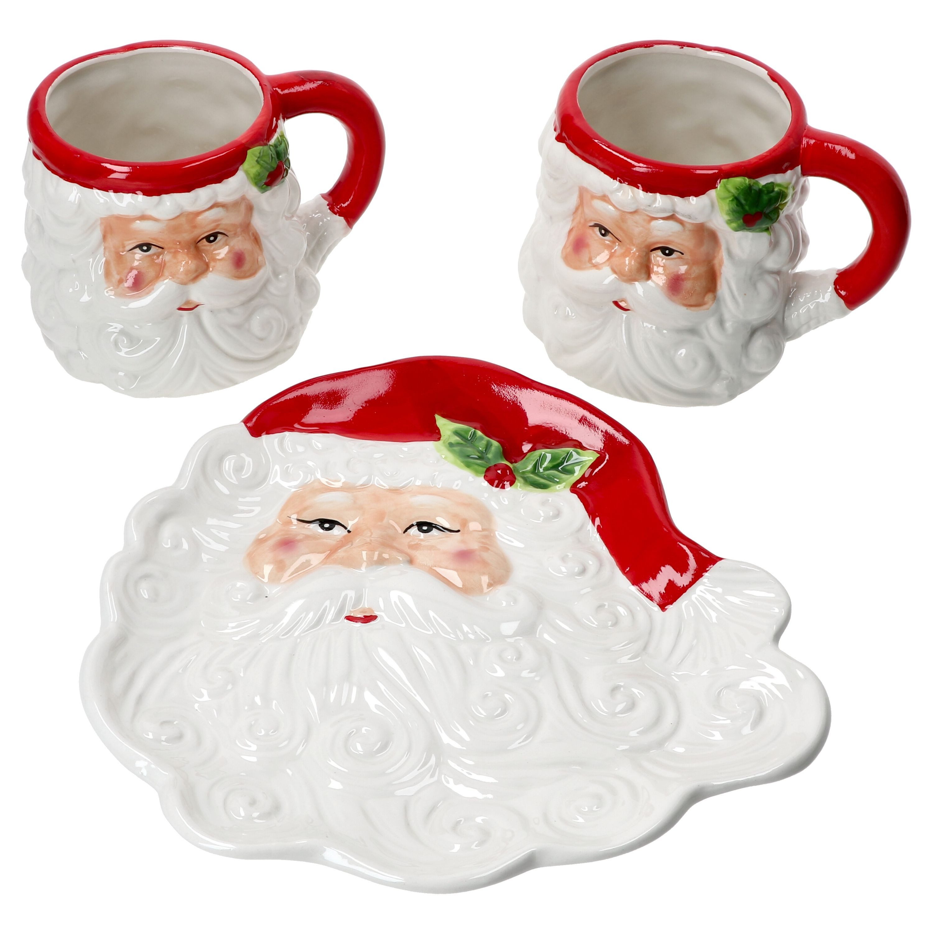 MamboCat Kaffeeservice 3tlg Set Santa - 2x Kaffeebecher 24306351 + 1x Gebäckteller 24306374, Steingut