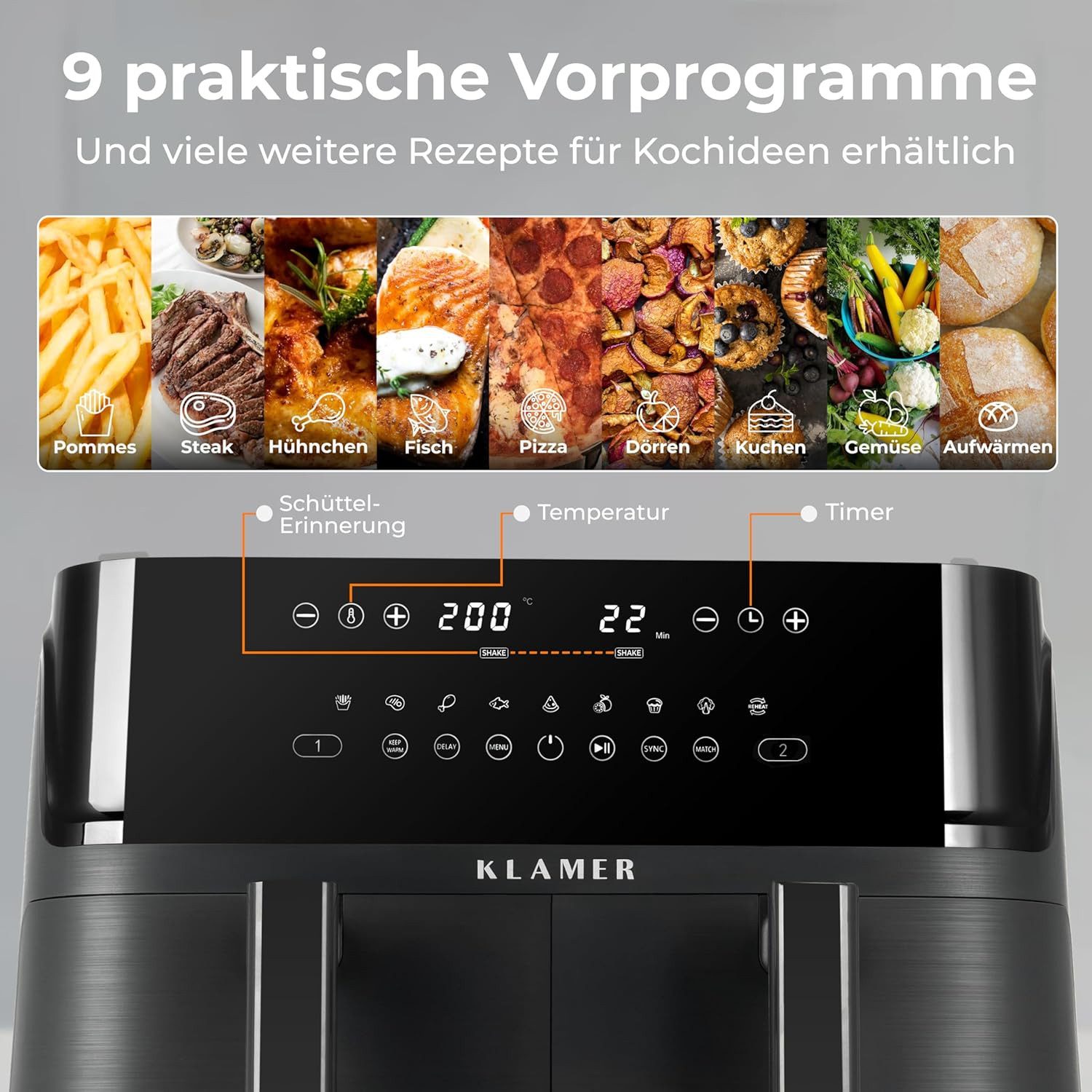 KLAMER Heißluftfritteuse Heißluftfritteuse Duo 9 L – Doppelkammer Airfryer mit 2 Körben, 3000 W, Zwei separate Fächer, Smart-Funktionen, Mehrere Programme & Ste – Bild 3 von 5