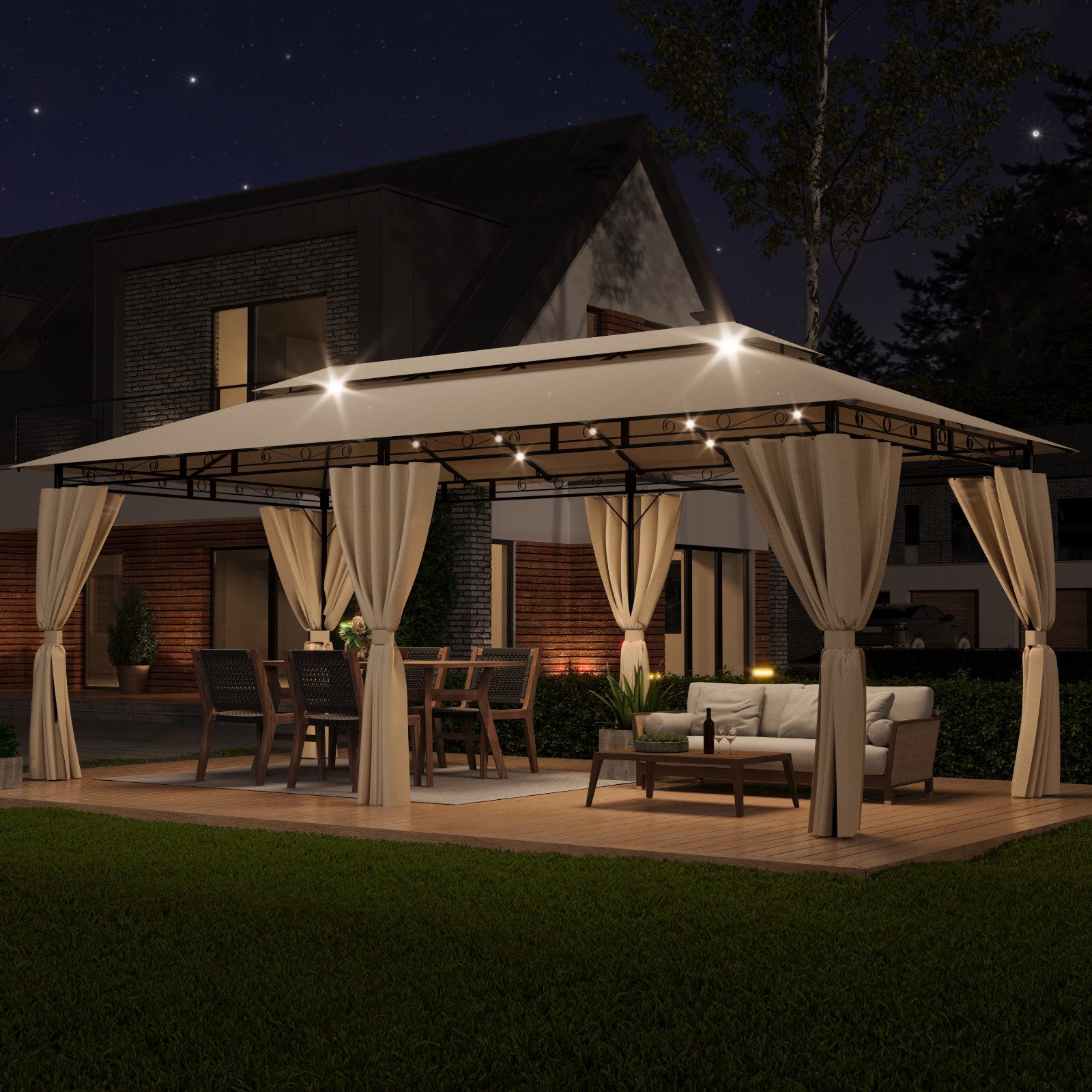 HOMALL Pavillon wetterfestes Gartenpartyzelt mit 6 Seitenwänden, mit Solar-LED, mit 6 Seitenteilen, Gartenpavillon für 10-12 Personen, Winterfest und Wasserdicht